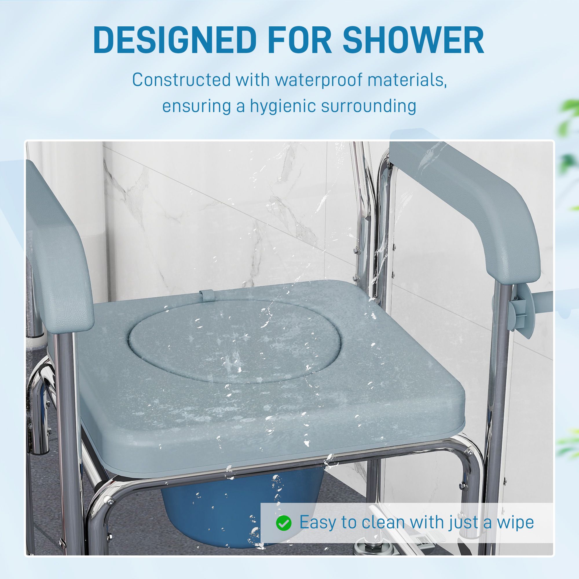 Rolling Shower Wheelchair for Seniors, Bedside Commode Chair with Locking Wheels, Seat, Backrest, Arms, Gray - Image 5