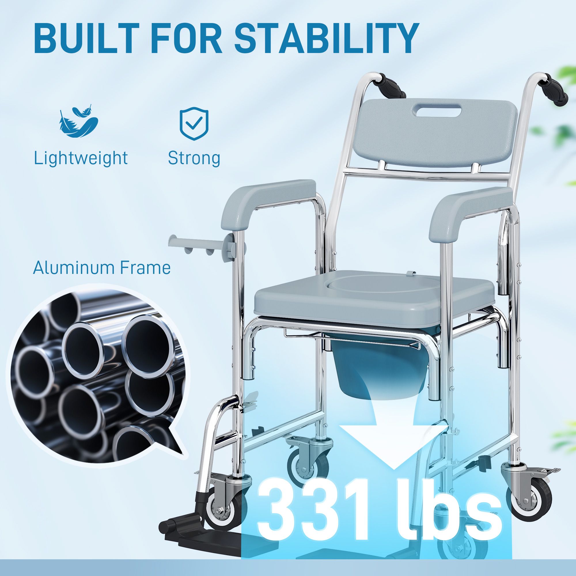 Rolling Shower Wheelchair for Seniors, Bedside Commode Chair with Locking Wheels, Seat, Backrest, Arms, Gray - Image 6