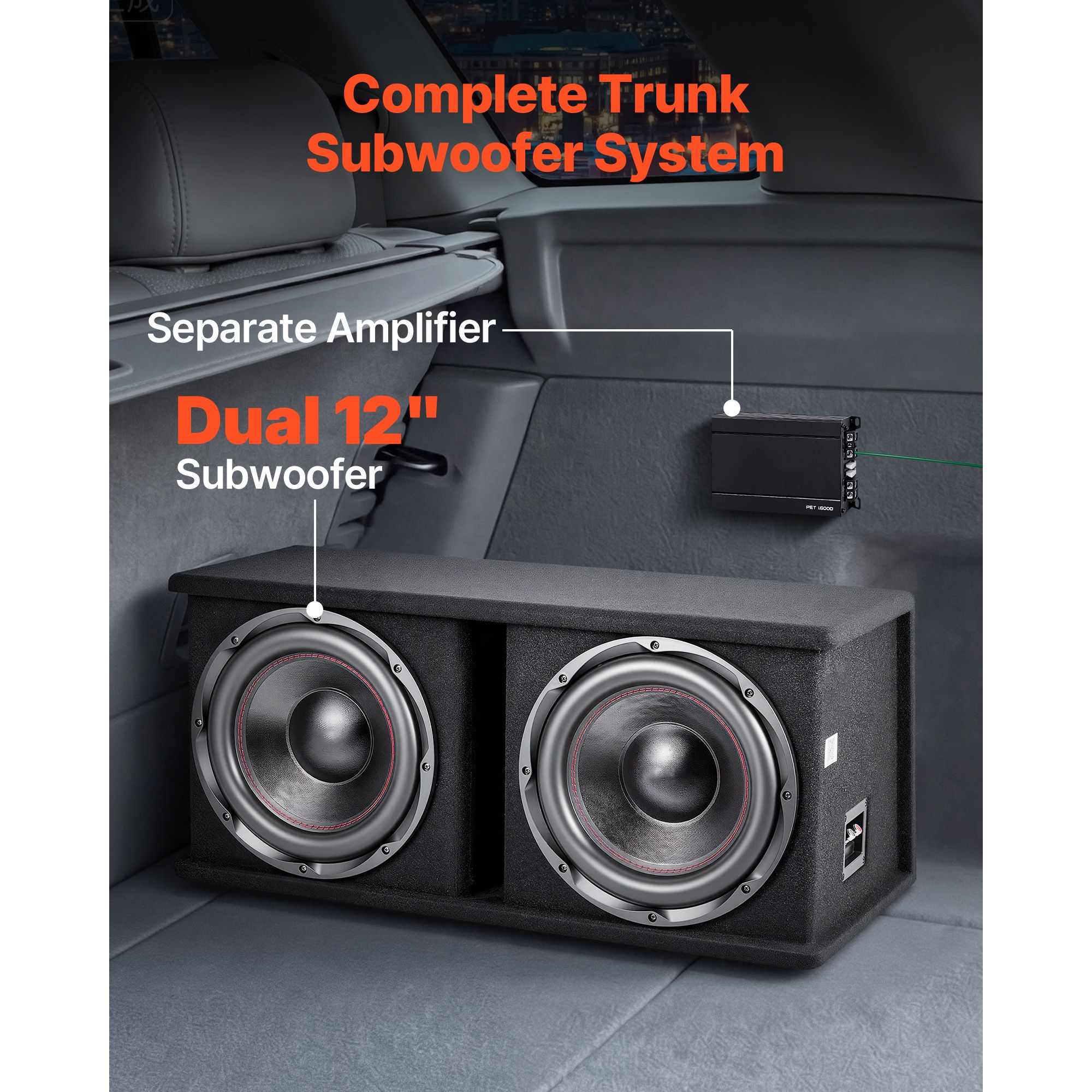 Subwoofer Bass Package, 12 in, 1200W RMS, Dual Car Audio Subwoofer and Amp Package, with Loaded Enclosure, Separate Amplifier, and Wiring Kit, for Various Vehicles Trunks, Car Audio Systems - Image 2
