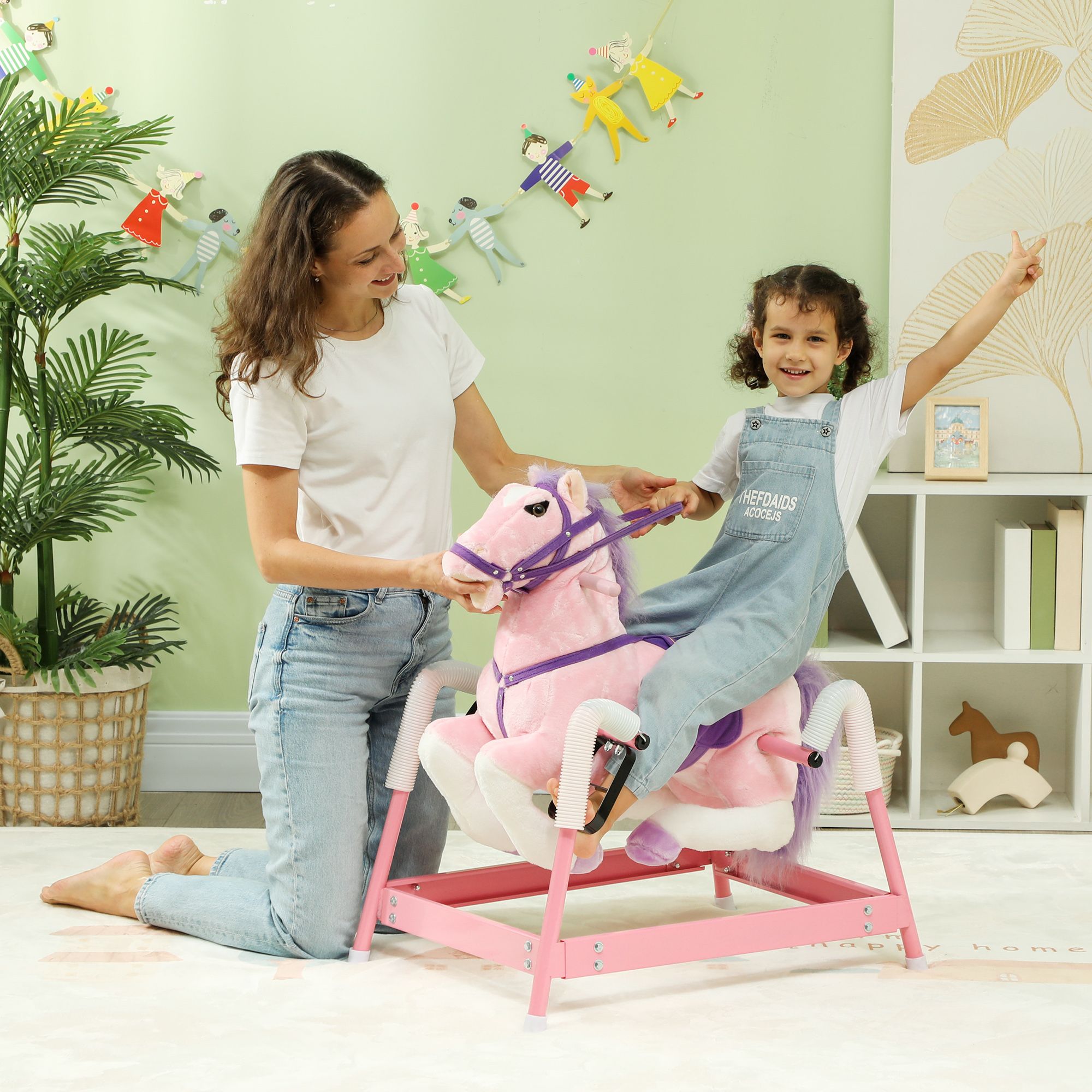 Spring Rocking Horse, Kids Ride on Horse, Plush Horse Ride-on w/ Sounds & Foot Stirrups for Kids 3-8 Years, Pink - Image 2