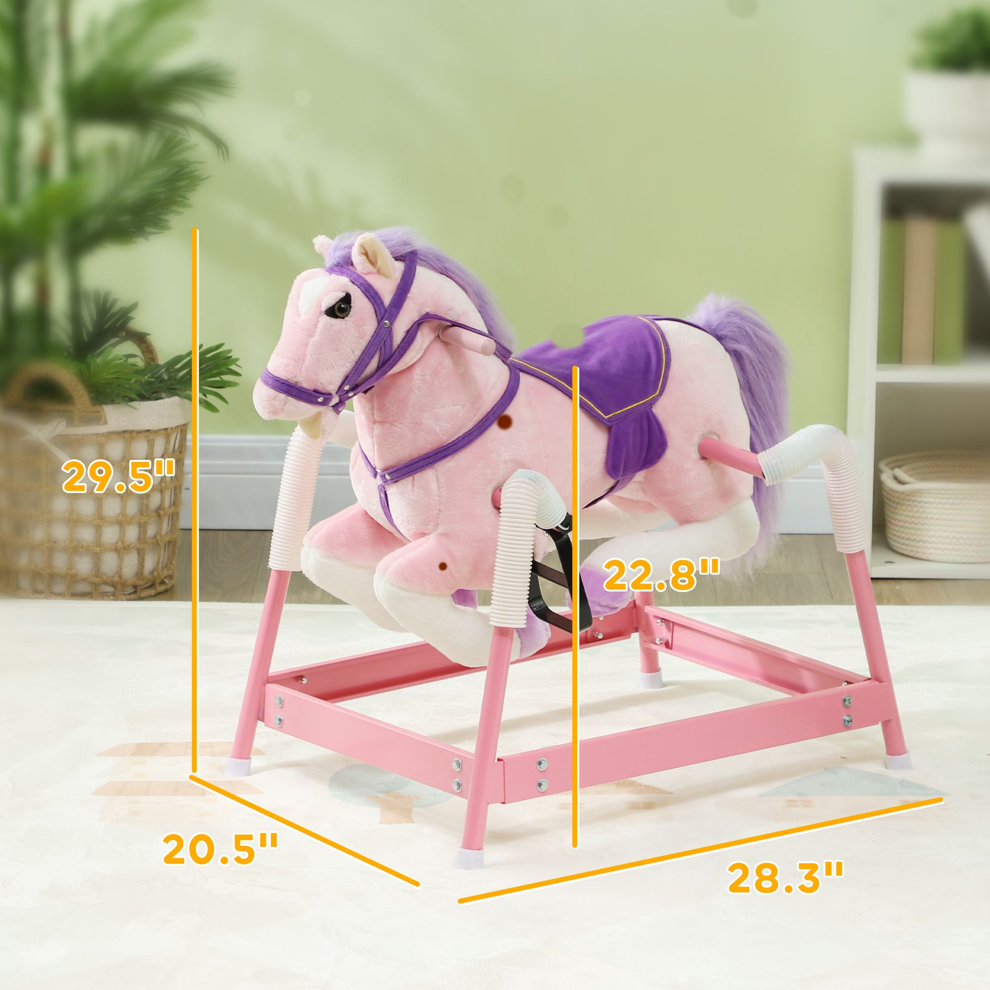 Spring Rocking Horse, Kids Ride on Horse, Plush Horse Ride-on w/ Sounds & Foot Stirrups for Kids 3-8 Years, Pink - Image 3