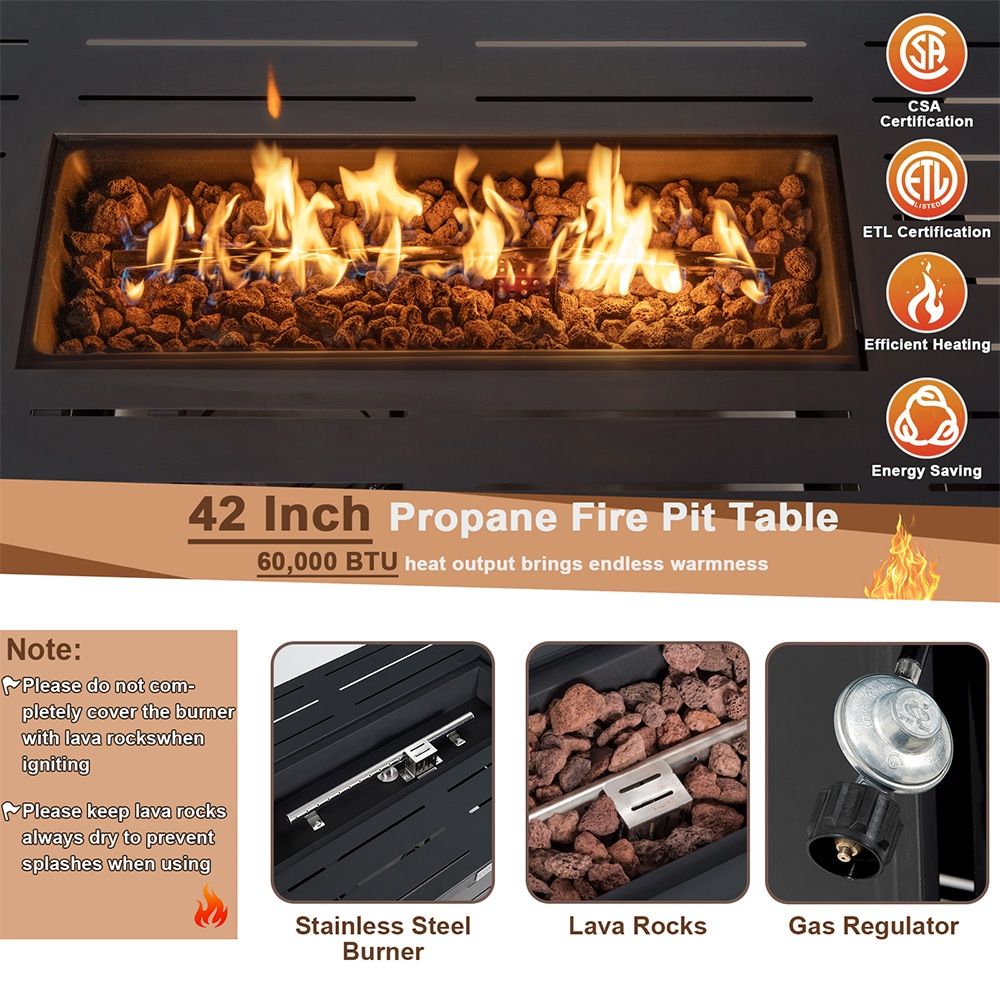 42 Inch 60,000 BTU Rectangular Propane Fire Pit Table with Waterproof Cover - Image 6
