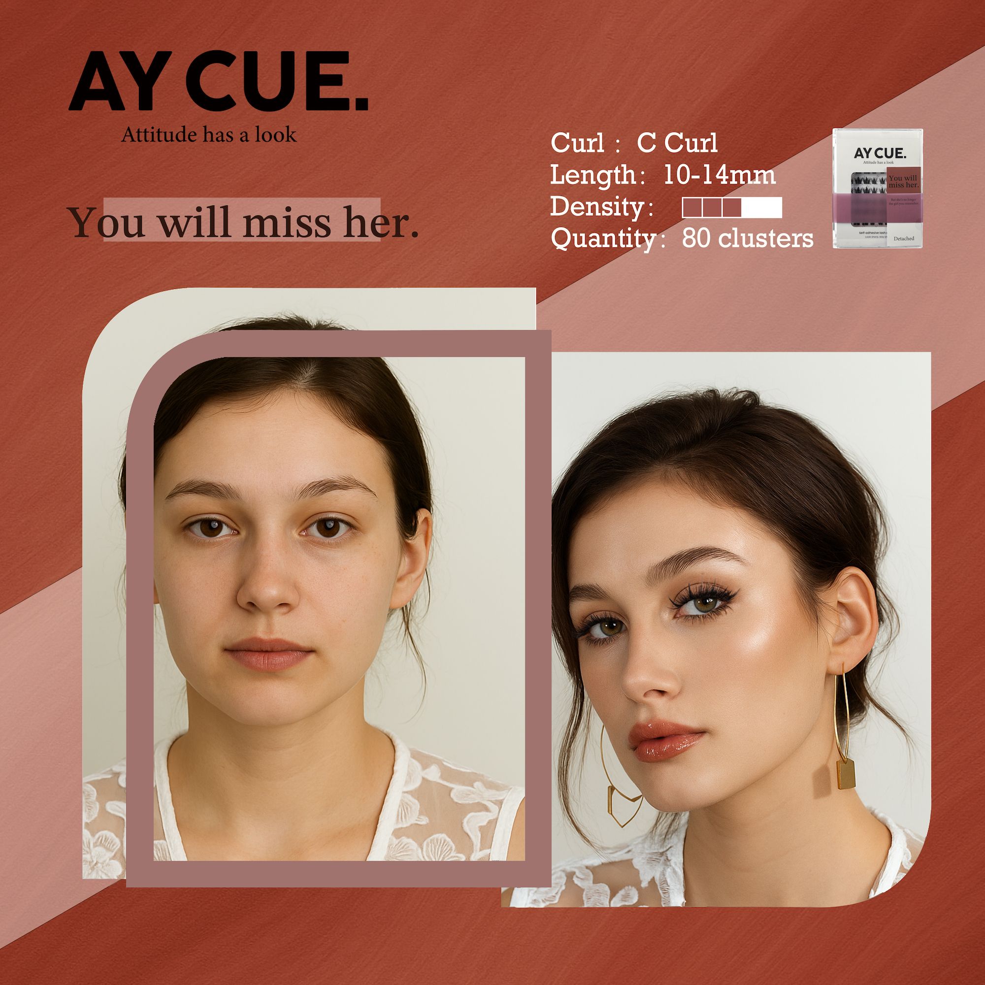AYCUE #YOU WILL MISS HER# Self-adhesive Lash Clusters C Curl 10-14mm 80Clusters Glue-free Eyelashes Extensions for Natural Look Easy Application - Image 5