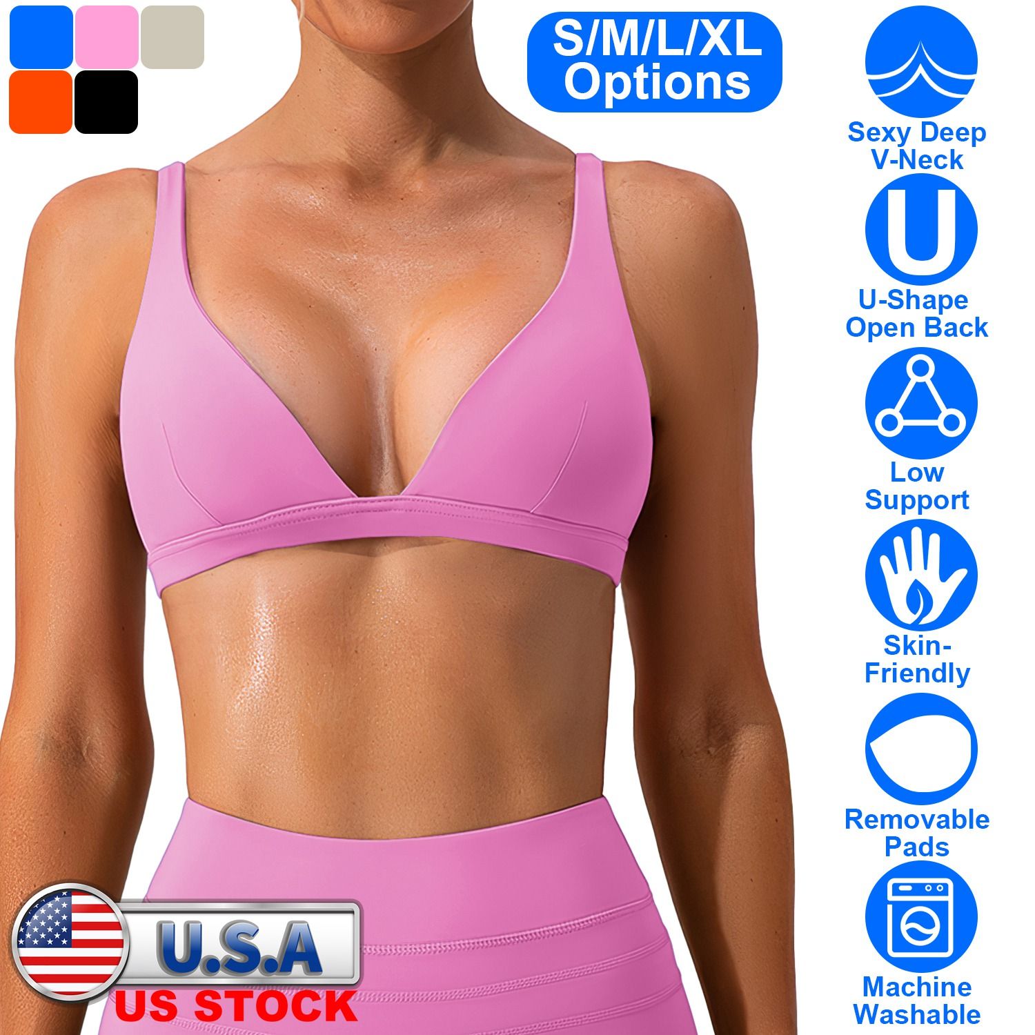 Fresh Fab Finds Women Deep V-Neck Sports Bra, U-Back, Removable Pads, Low Impact - Image 2