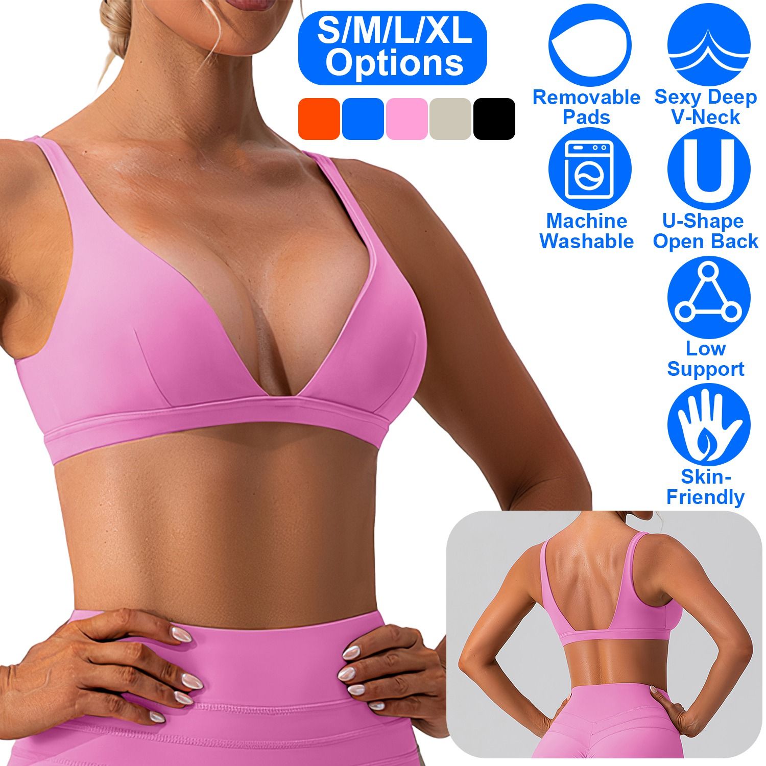 Fresh Fab Finds Women Deep V-Neck Sports Bra, U-Back, Removable Pads, Low Impact - Image 3