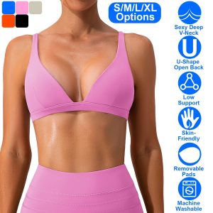 Fresh Fab Finds Women Deep V-Neck Sports Bra, U-Back, Removable Pads, Low Impact