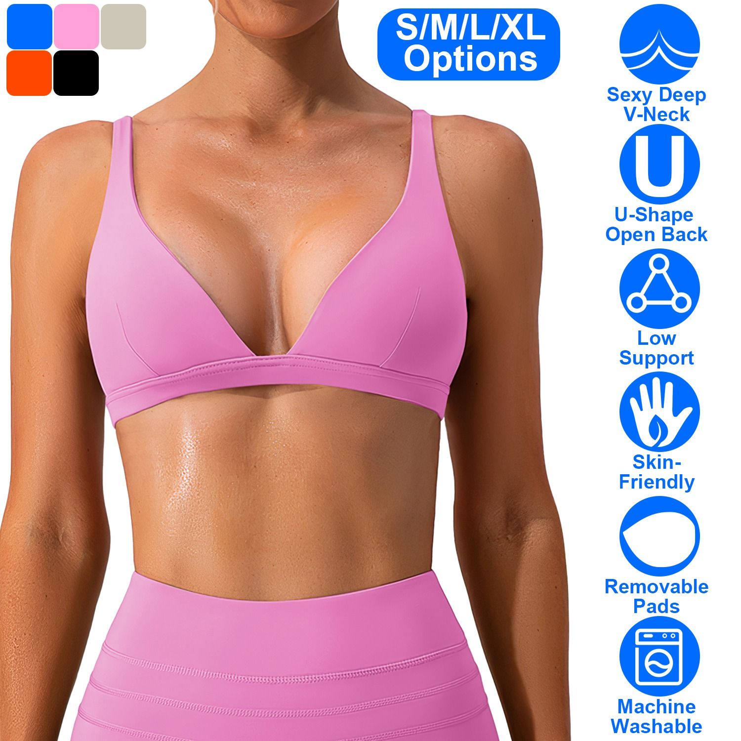 Fresh Fab Finds Women Deep V-Neck Sports Bra, U-Back, Removable Pads, Low Impact