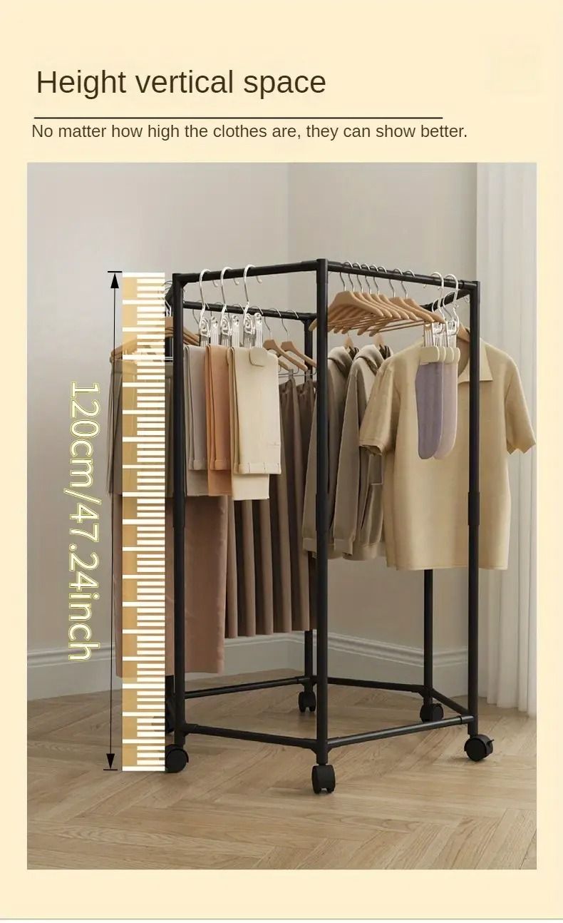 360° Rotating Hexagonal Clothes Rack with Wheels, Heavy-Duty Metal Garment Organizer, Space-Saving Wardrobe Storage Stand for Bedroom, Dorm, Balcony, Large Capacity Clothing Hanger - Image 2