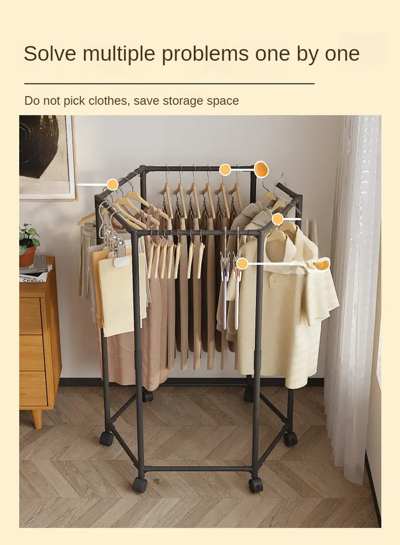 360° Rotating Hexagonal Clothes Rack with Wheels, Heavy-Duty Metal Garment Organizer, Space-Saving Wardrobe Storage Stand for Bedroom, Dorm, Balcony, Large Capacity Clothing Hanger - Image 3