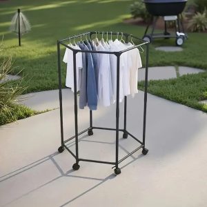 360° Rotating Hexagonal Clothes Rack with Wheels, Heavy-Duty Metal Garment Organizer, Space-Saving Wardrobe Storage Stand for Bedroom, Dorm, Balcony, Large Capacity Clothing Hanger