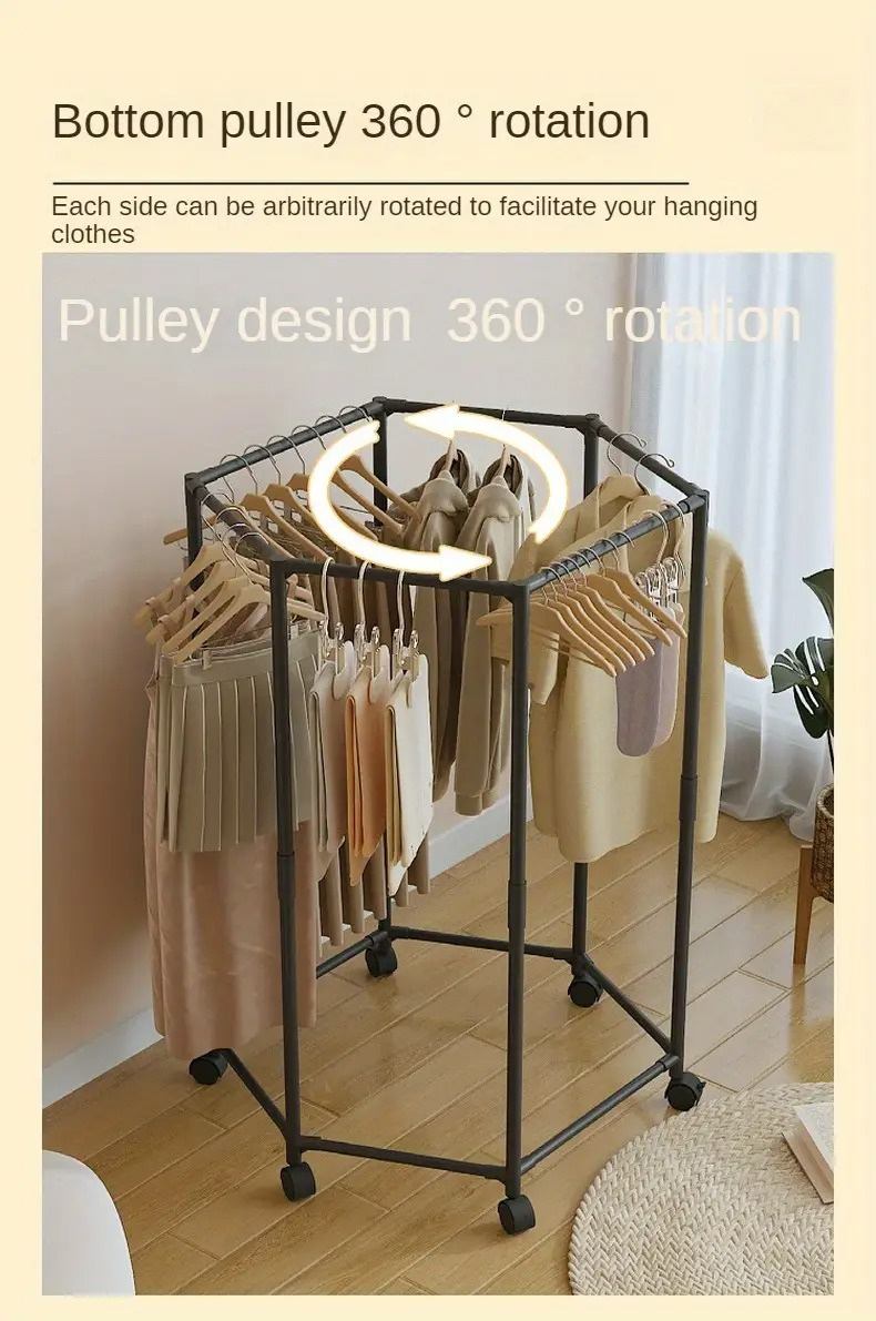 360° Rotating Hexagonal Clothes Rack with Wheels, Heavy-Duty Metal Garment Organizer, Space-Saving Wardrobe Storage Stand for Bedroom, Dorm, Balcony, Large Capacity Clothing Hanger - Image 8