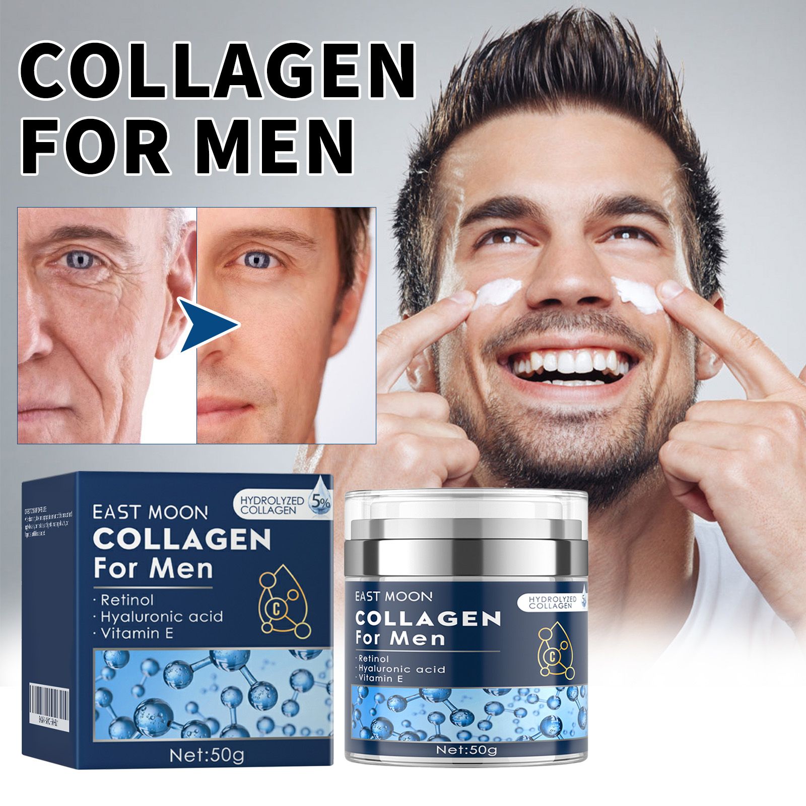 Men's Collagen Anti-Aging Facial Moisturizer Cream, Retinol Hydrating Face Lotion with Hyaluronic Acid & Vitamin E, Daily Skin Firming Facial Care Cream for Reducing Fine Lines, Deep Hydration Wrinkle - Image 2