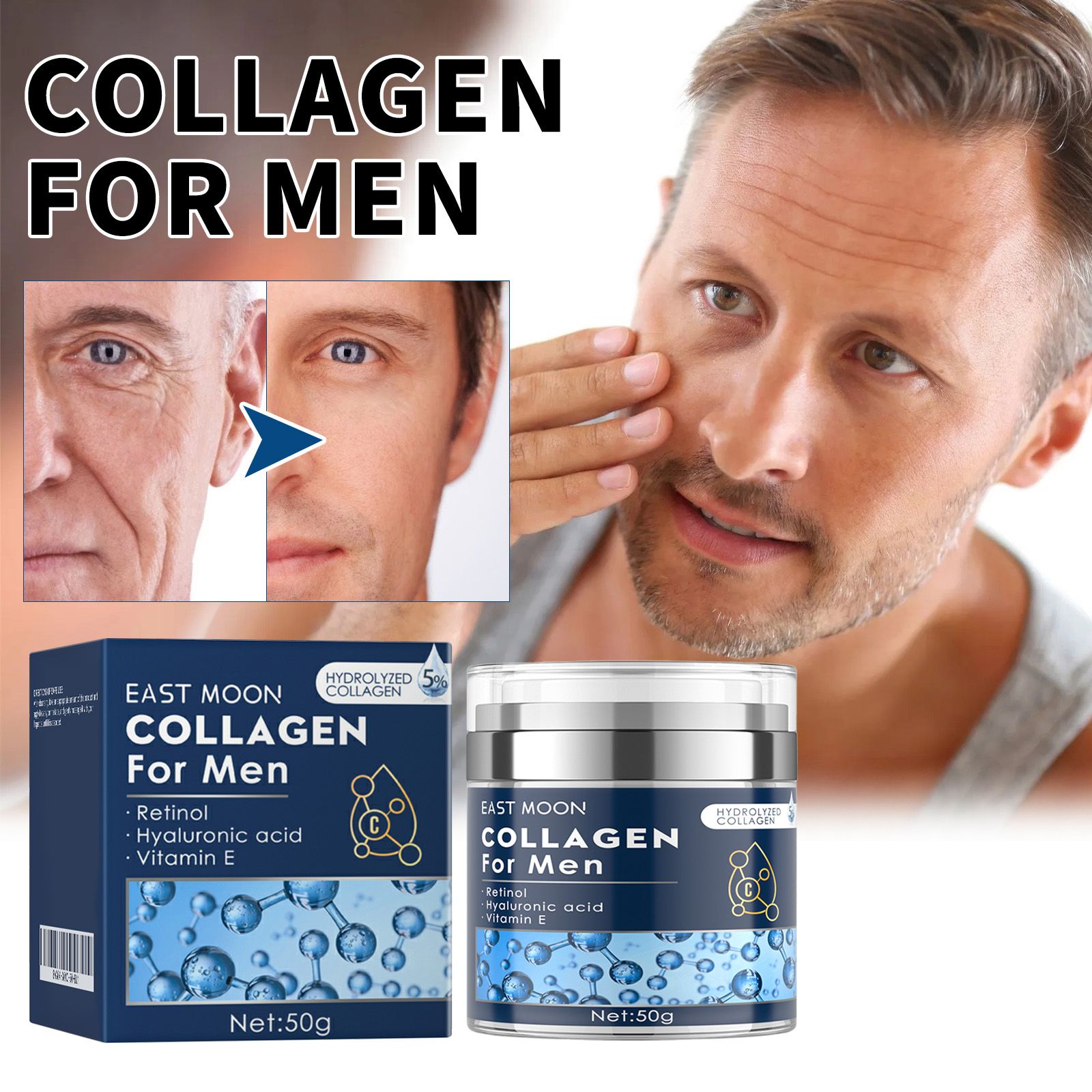Men's Collagen Anti-Aging Facial Moisturizer Cream, Retinol Hydrating Face Lotion with Hyaluronic Acid & Vitamin E, Daily Skin Firming Facial Care Cream for Reducing Fine Lines, Deep Hydration Wrinkle - Image 3