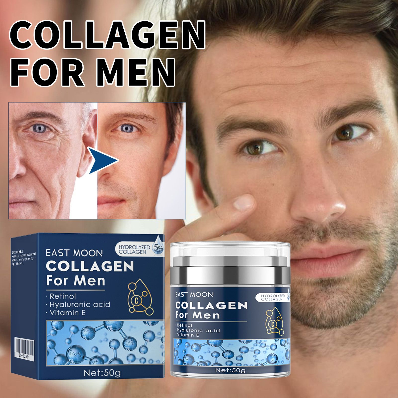 Men's Collagen Anti-Aging Facial Moisturizer Cream, Retinol Hydrating Face Lotion with Hyaluronic Acid & Vitamin E, Daily Skin Firming Facial Care Cream for Reducing Fine Lines, Deep Hydration Wrinkle - Image 4