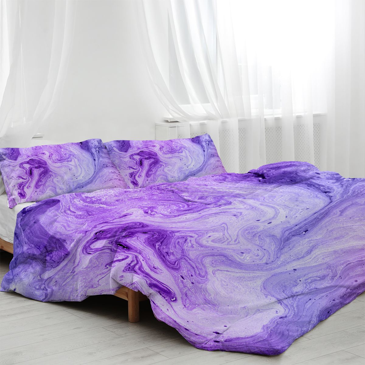 3 pcs Purple Marble Duvet Cover Set, Lavender Watercolor Swirl Bedding Set, Abstract Fluid Art Bedspread with Pillow Shams, Modern Aesthetic Bedroom Decor for Teens & Adults - Image 4