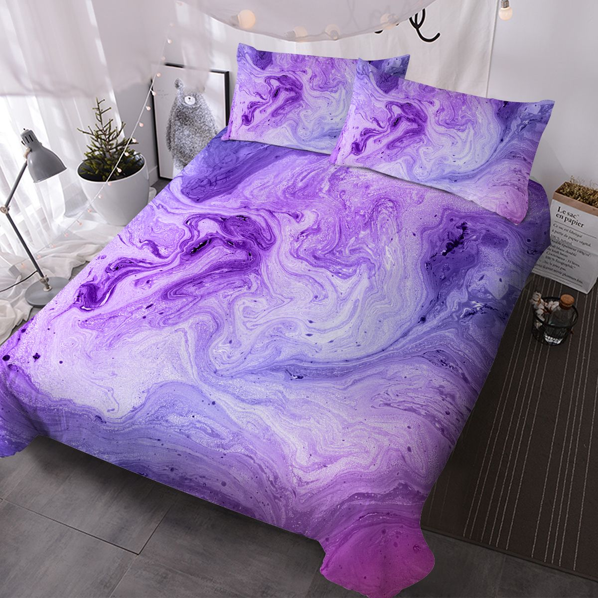 3 pcs Purple Marble Duvet Cover Set, Lavender Watercolor Swirl Bedding Set, Abstract Fluid Art Bedspread with Pillow Shams, Modern Aesthetic Bedroom Decor for Teens & Adults