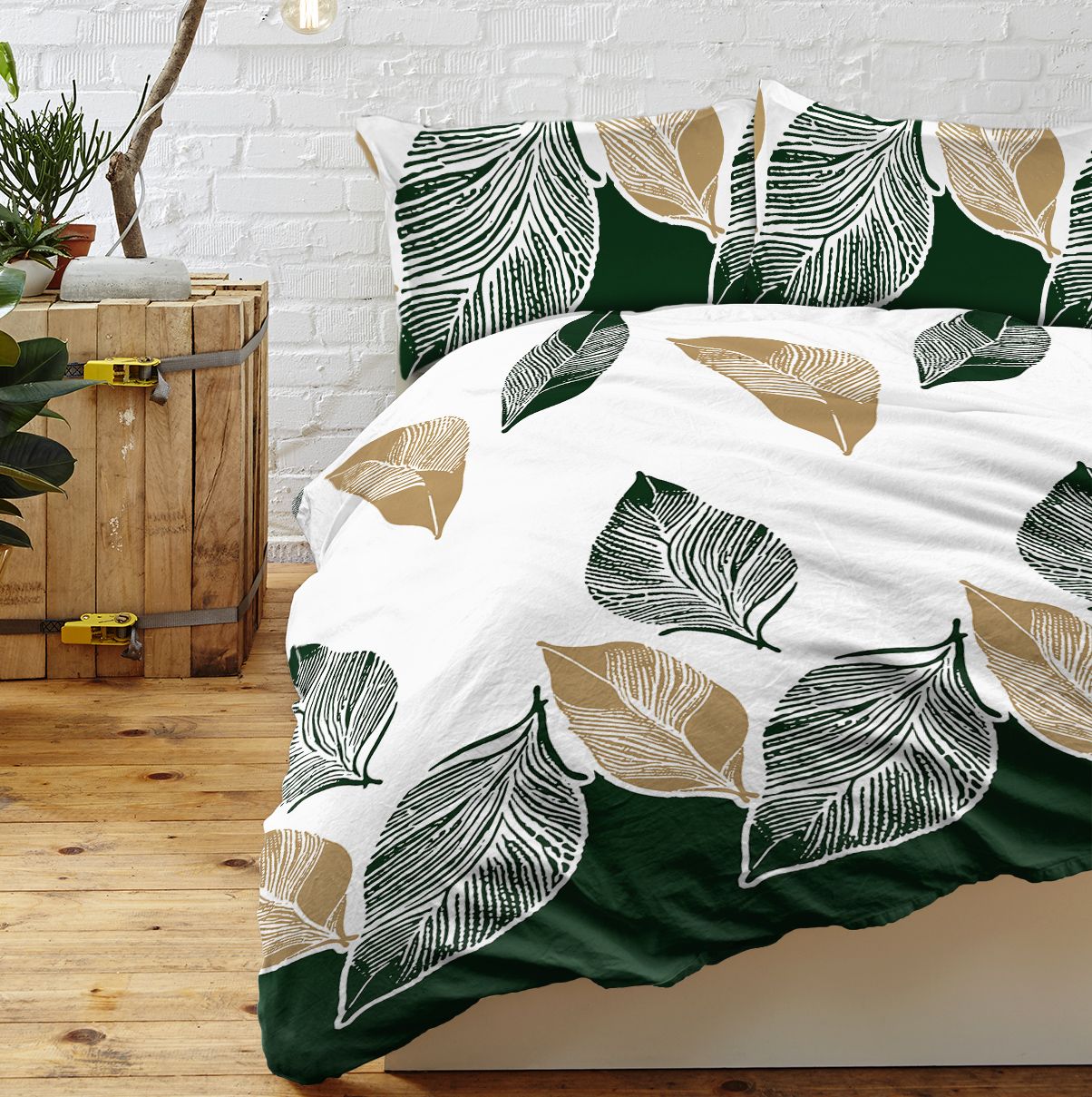 3pcs Minimalist Leaf Print Duvet Cover Set, Modern Botanical Bedding with Green & Gold Leaves, Reversible Grey Back for Adults - Image 3