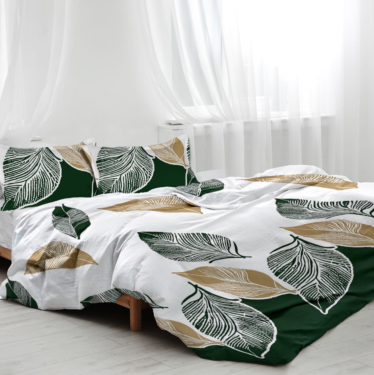 3pcs Minimalist Leaf Print Duvet Cover Set, Modern Botanical Bedding with Green & Gold Leaves, Reversible Grey Back for Adults - Image 4