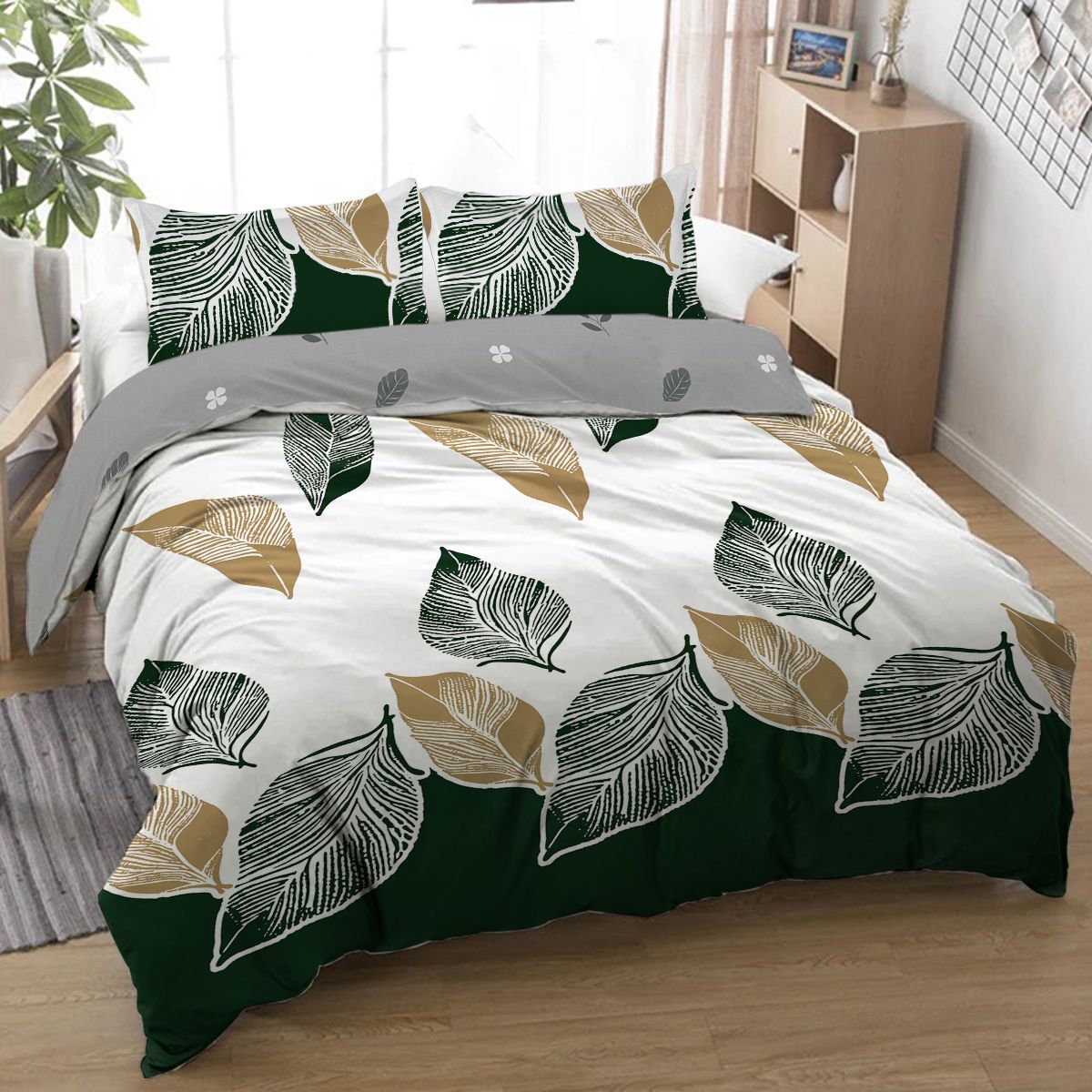 3pcs Minimalist Leaf Print Duvet Cover Set, Modern Botanical Bedding with Green & Gold Leaves, Reversible Grey Back for Adults