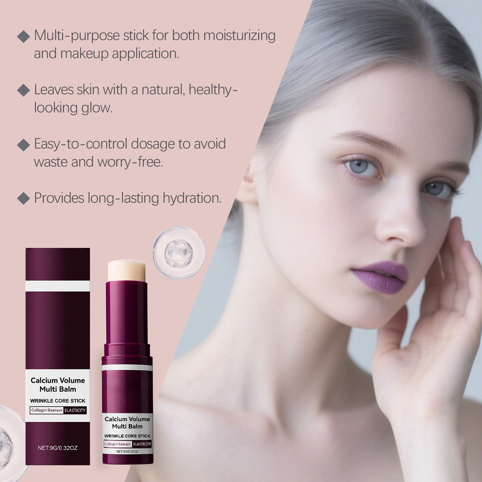 Collagen Infused Facial Multi Balm Stick, Portable Calcium Volume Wrinkle Care Solid Moisturizer Stick, Hydrating Smoothing Face Balm for Fine Lines & Dry Skin, 9g Travel Skin Care Stick - Image 3