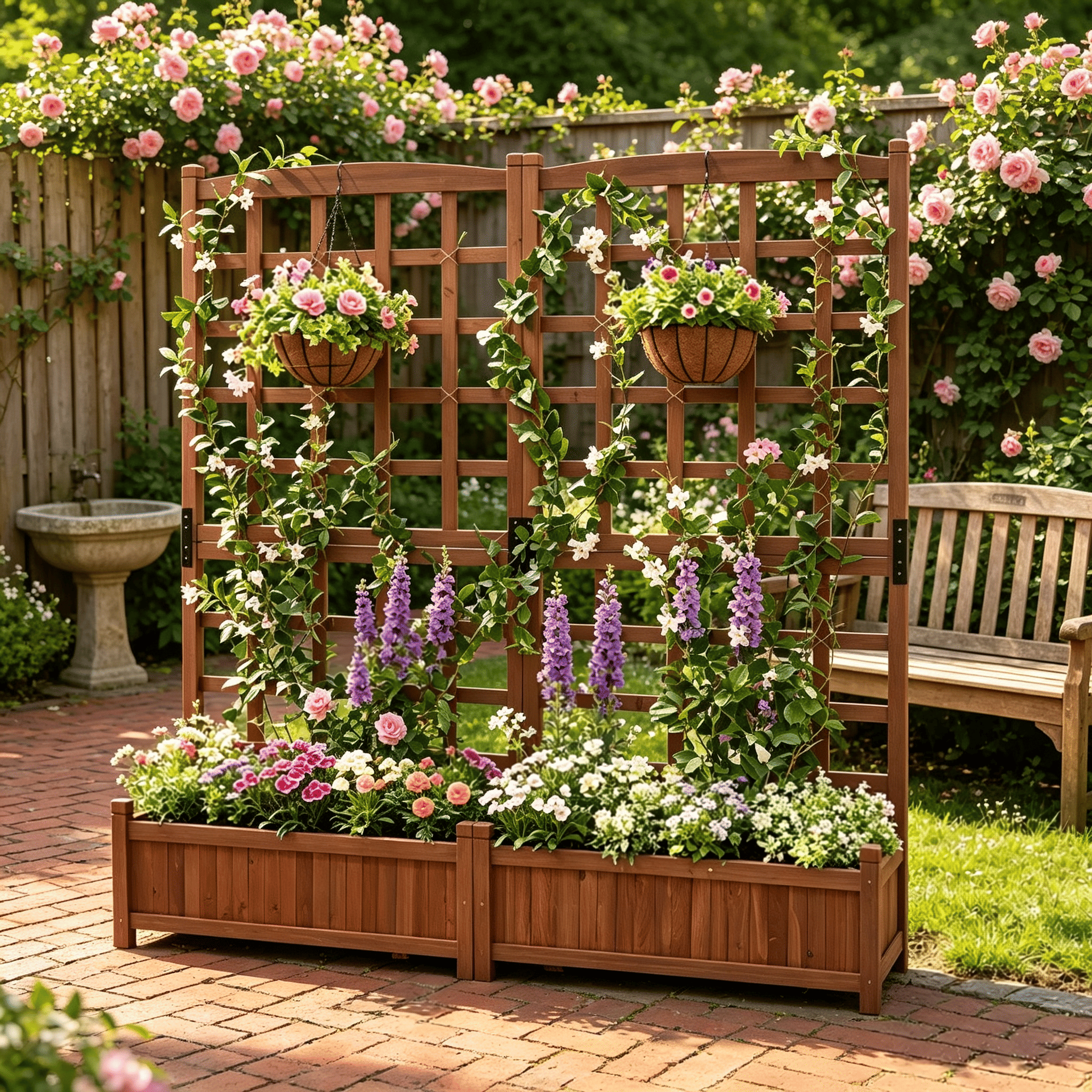 Outdoor Dual Wooden Raised Garden Bed Frame with Trellis And Drainage Holes for Vegetable Flower Plant Gardening - Image 6