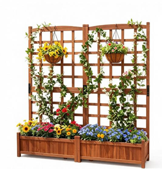 Outdoor Dual Wooden Raised Garden Bed Frame with Trellis And Drainage Holes for Vegetable Flower Plant Gardening - Image 4