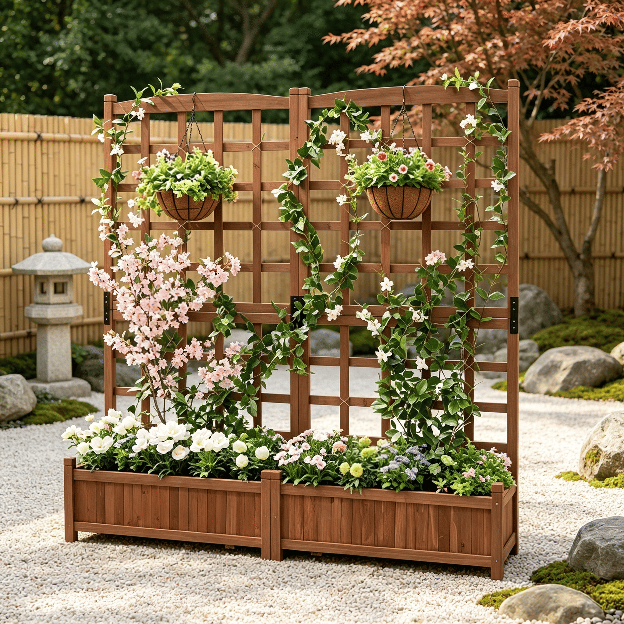 Outdoor Dual Wooden Raised Garden Bed Frame with Trellis And Drainage Holes for Vegetable Flower Plant Gardening - Image 7