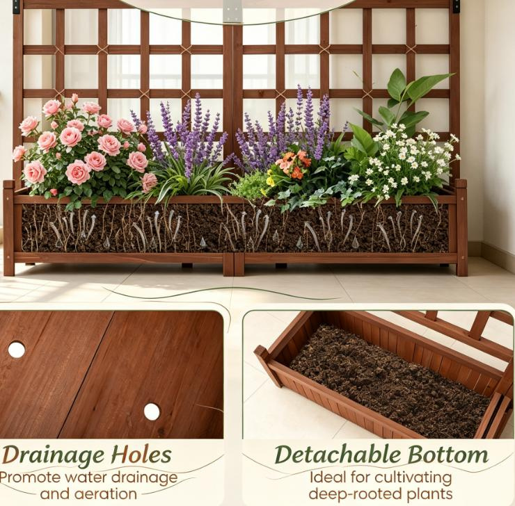 Outdoor Dual Wooden Raised Garden Bed Frame with Trellis And Drainage Holes for Vegetable Flower Plant Gardening - Image 2