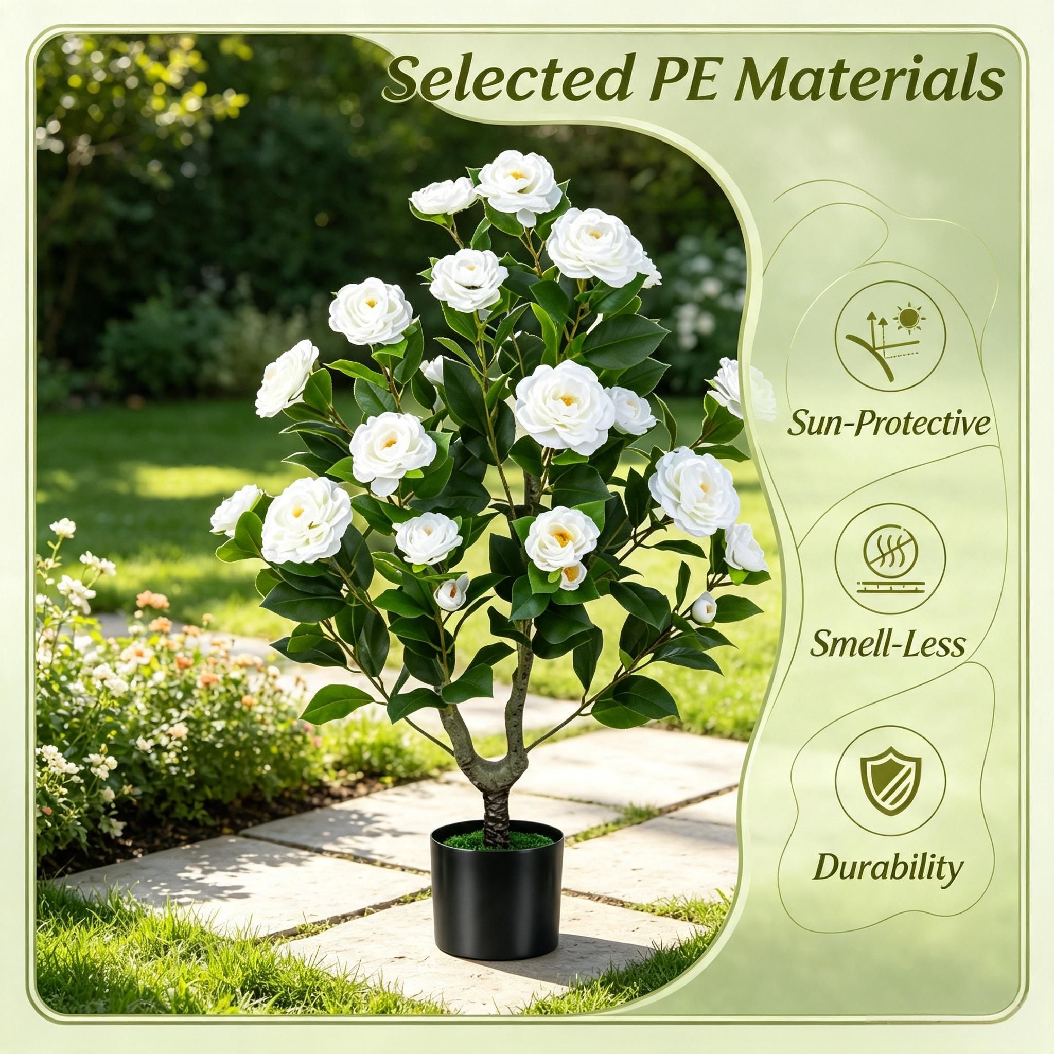 Artificial Camellia Tree Faux Flower Plant Cement-Filled Pot Durable Fake Camellia for Home Decor - Image 3