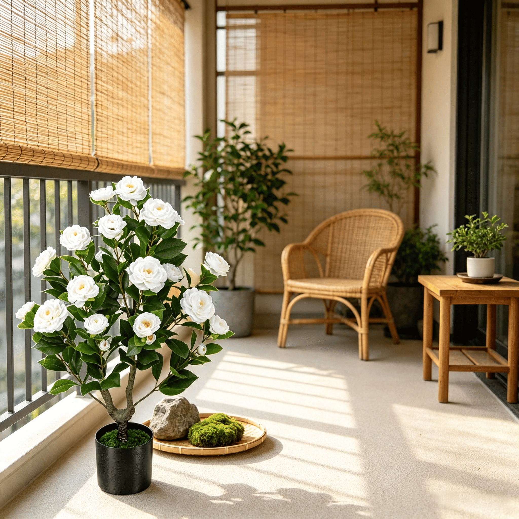 Artificial Camellia Tree Faux Flower Plant Cement-Filled Pot Durable Fake Camellia for Home Decor - Image 7