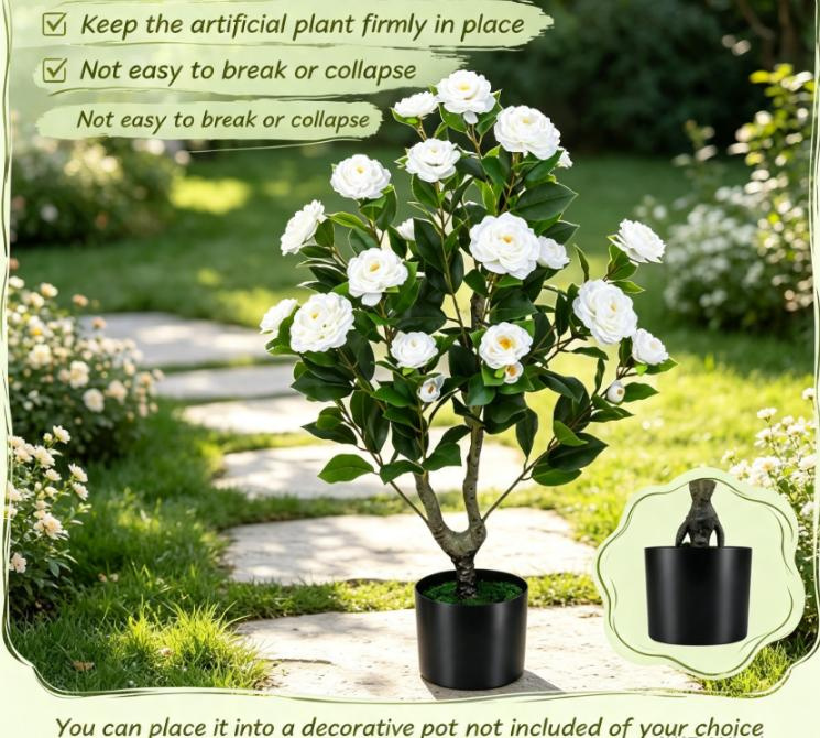 Artificial Camellia Tree Faux Flower Plant Cement-Filled Pot Durable Fake Camellia for Home Decor - Image 4