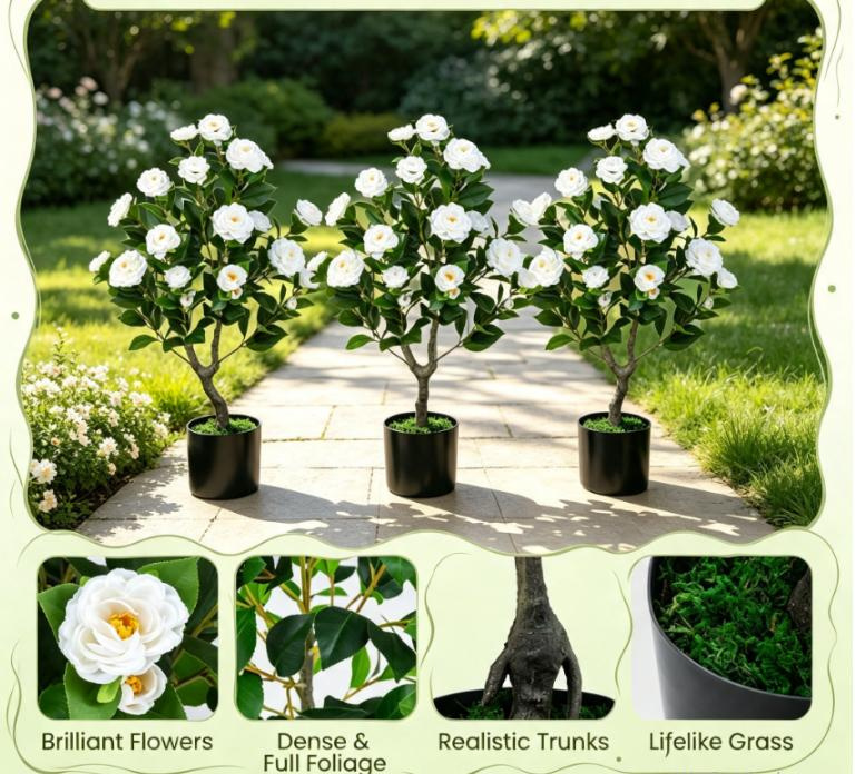 Artificial Camellia Tree Faux Flower Plant Cement-Filled Pot Durable Fake Camellia for Home Decor - Image 5