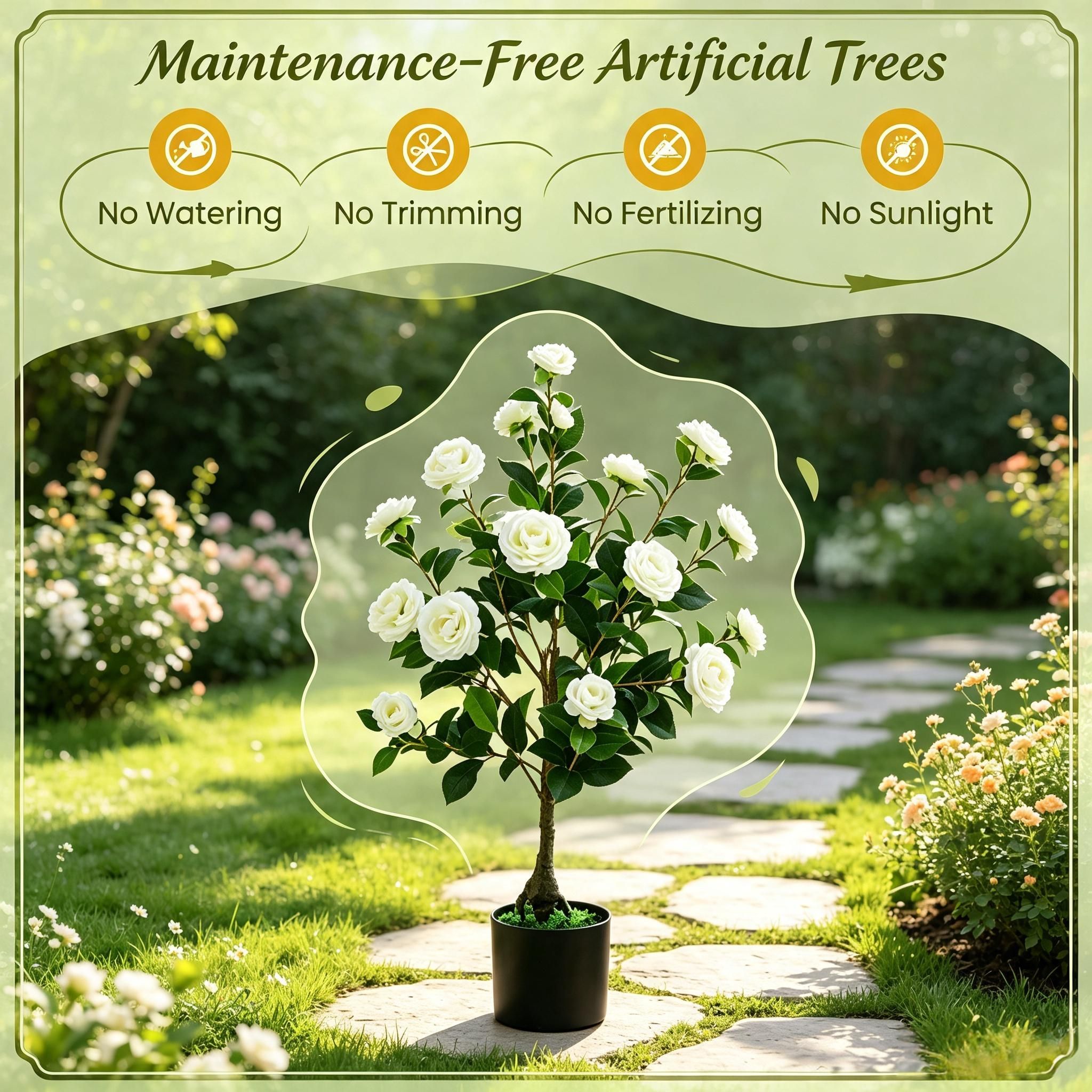 Artificial Camellia Tree Faux Flower Plant Cement-Filled Pot Durable Fake Camellia for Home Decor - Image 2
