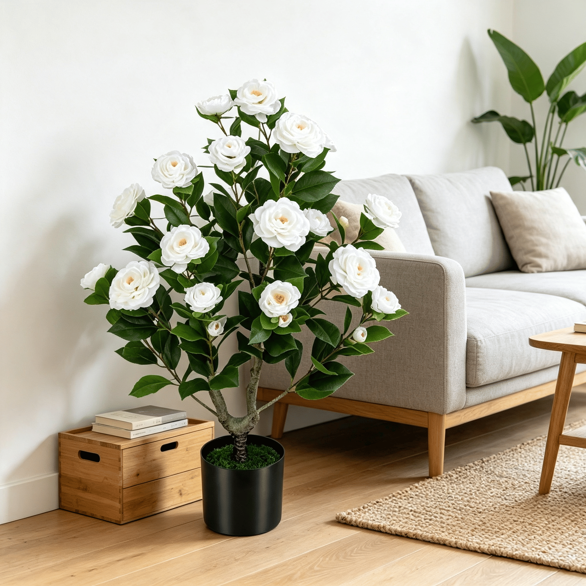 Artificial Camellia Tree Faux Flower Plant Cement-Filled Pot Durable Fake Camellia for Home Decor