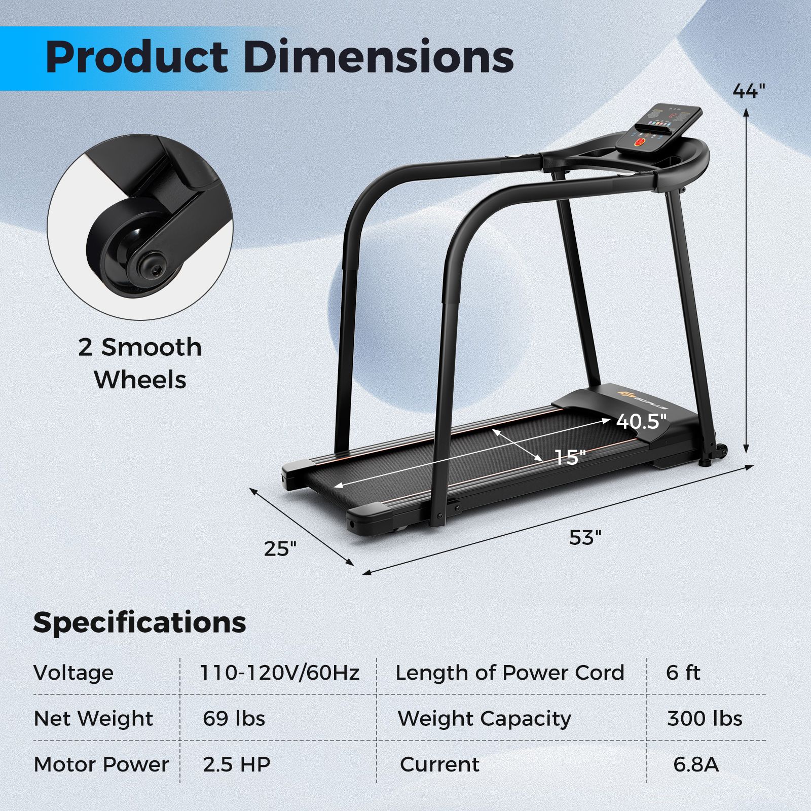 2.5 HP Walking Treadmill with Long Handrails for Seniors - Image 4