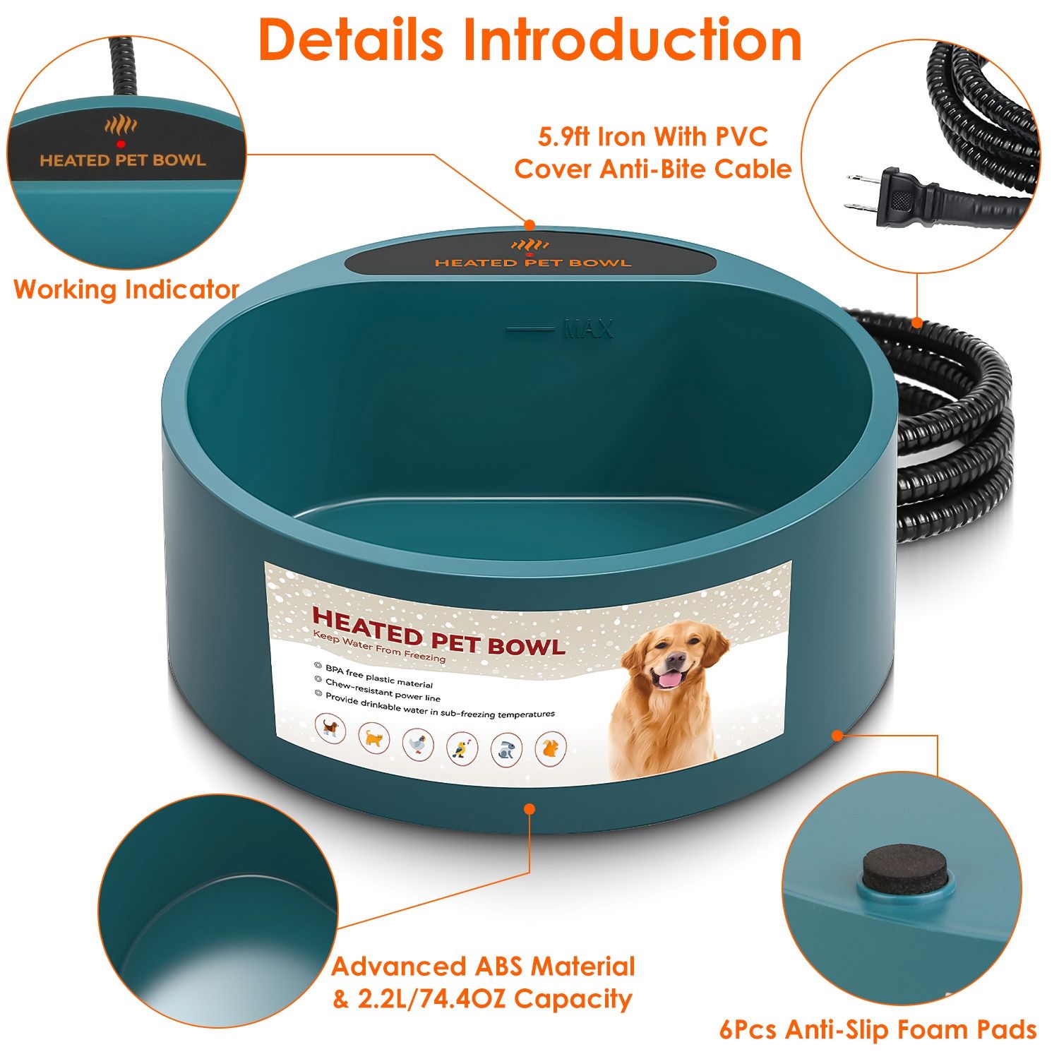 Heated Water Bowl for Dog Cat 74.4OZ Heating Water Dish IP67 Waterproof Thermal Water Bowl Heated Pet Bowl Dog Cat Water Feeder Bowl for Dog Cat Rabbi - Image 12