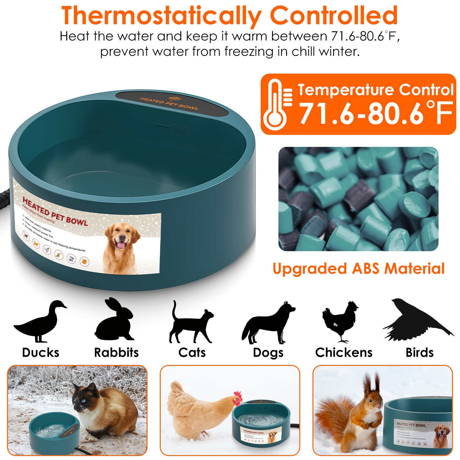 Heated Water Bowl for Dog Cat 74.4OZ Heating Water Dish IP67 Waterproof Thermal Water Bowl Heated Pet Bowl Dog Cat Water Feeder Bowl for Dog Cat Rabbi - Image 13