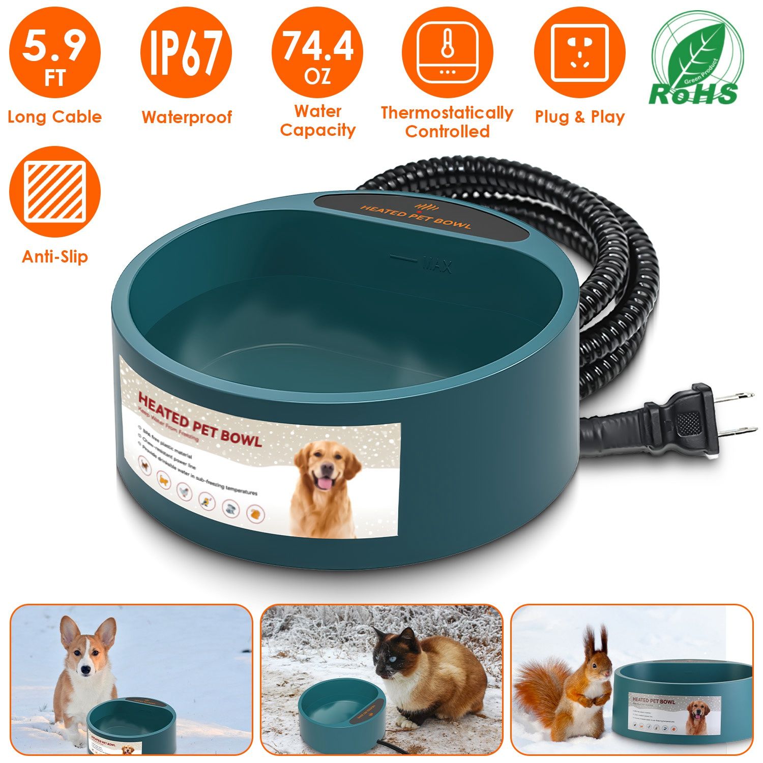 Heated Water Bowl for Dog Cat 74.4OZ Heating Water Dish IP67 Waterproof Thermal Water Bowl Heated Pet Bowl Dog Cat Water Feeder Bowl for Dog Cat Rabbi - Image 14