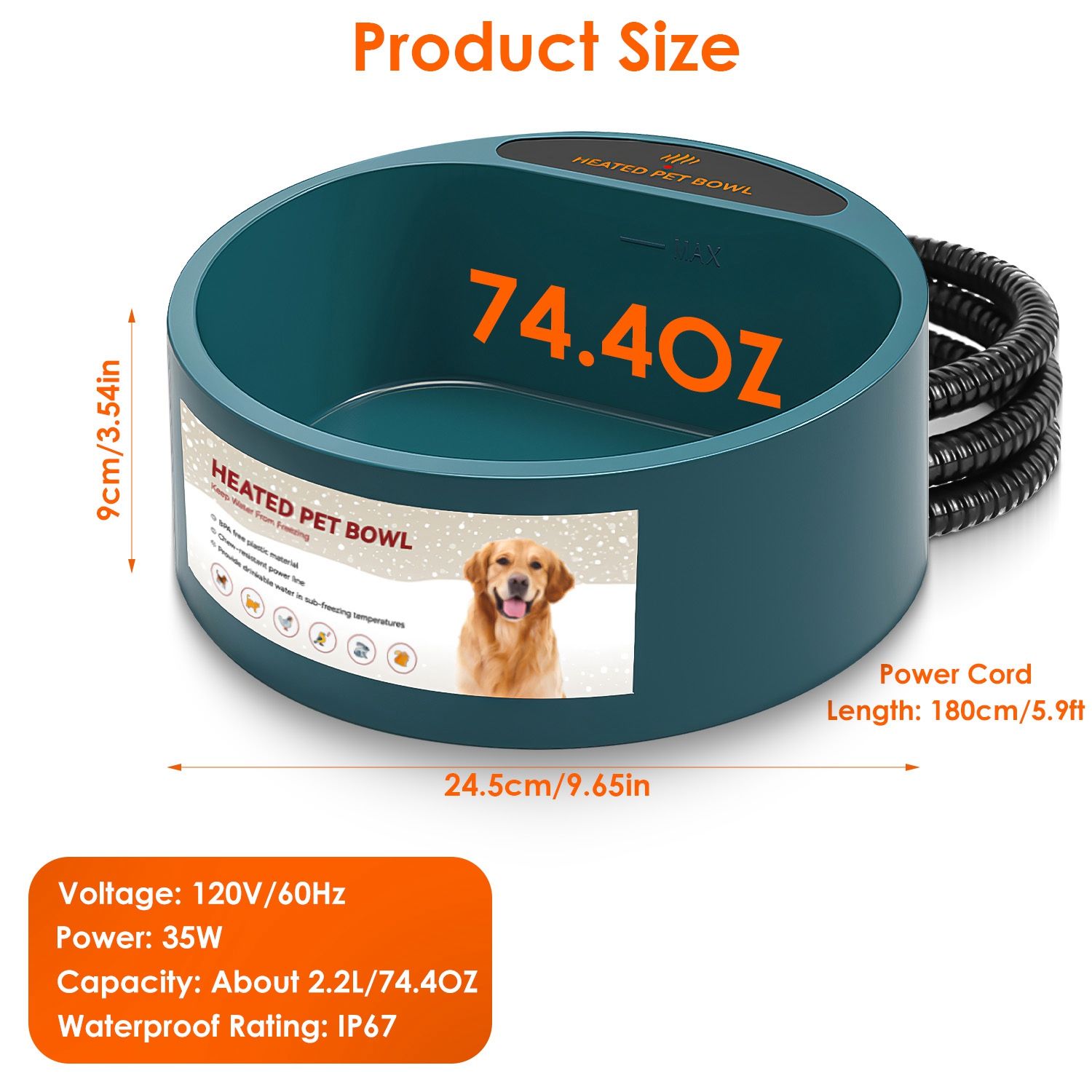 Heated Water Bowl for Dog Cat 74.4OZ Heating Water Dish IP67 Waterproof Thermal Water Bowl Heated Pet Bowl Dog Cat Water Feeder Bowl for Dog Cat Rabbi - Image 16