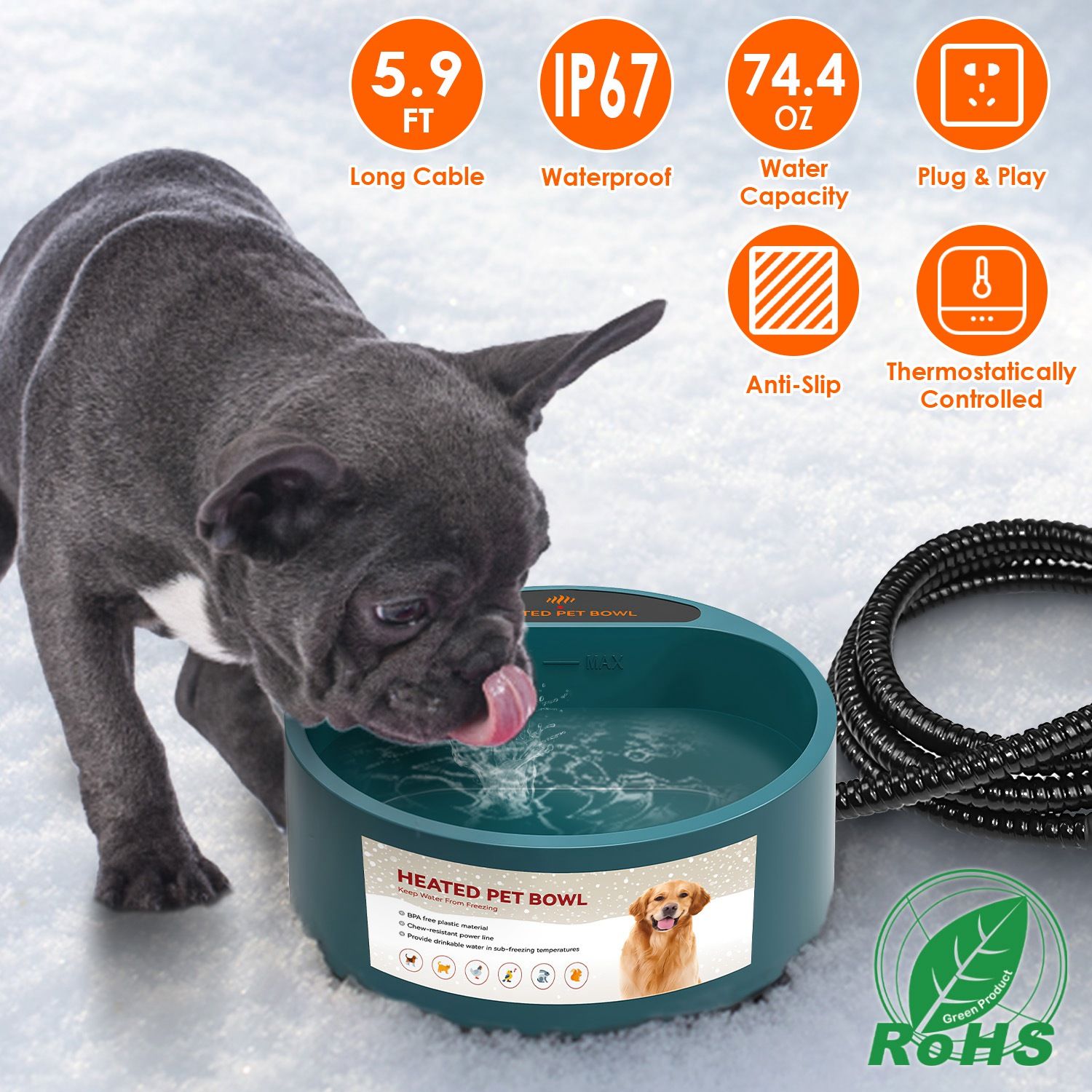 Heated Water Bowl for Dog Cat 74.4OZ Heating Water Dish IP67 Waterproof Thermal Water Bowl Heated Pet Bowl Dog Cat Water Feeder Bowl for Dog Cat Rabbi - Image 6