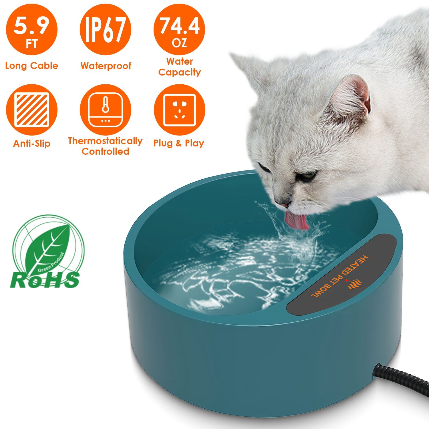 Heated Water Bowl for Dog Cat 74.4OZ Heating Water Dish IP67 Waterproof Thermal Water Bowl Heated Pet Bowl Dog Cat Water Feeder Bowl for Dog Cat Rabbi - Image 7
