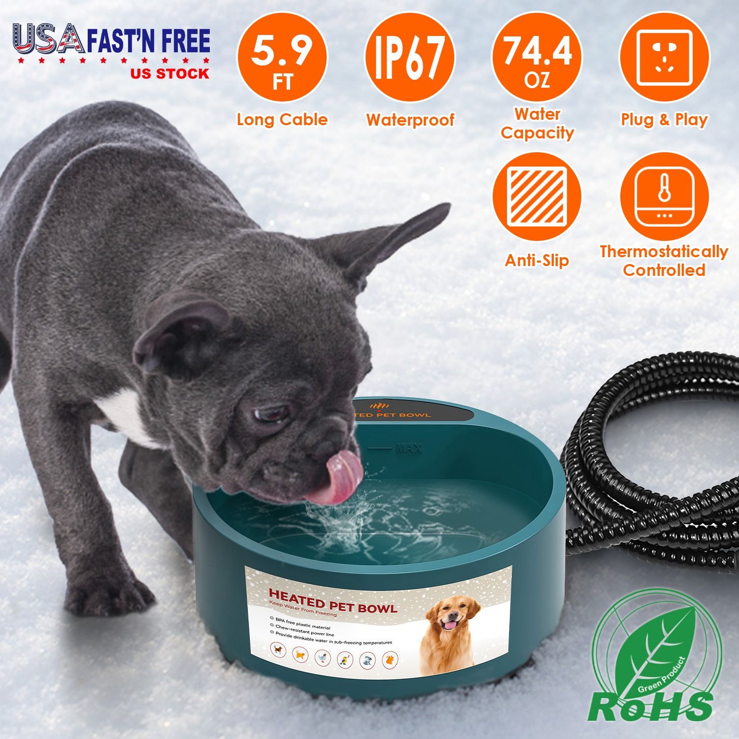 Heated Water Bowl for Dog Cat 74.4OZ Heating Water Dish IP67 Waterproof Thermal Water Bowl Heated Pet Bowl Dog Cat Water Feeder Bowl for Dog Cat Rabbi - Image 10