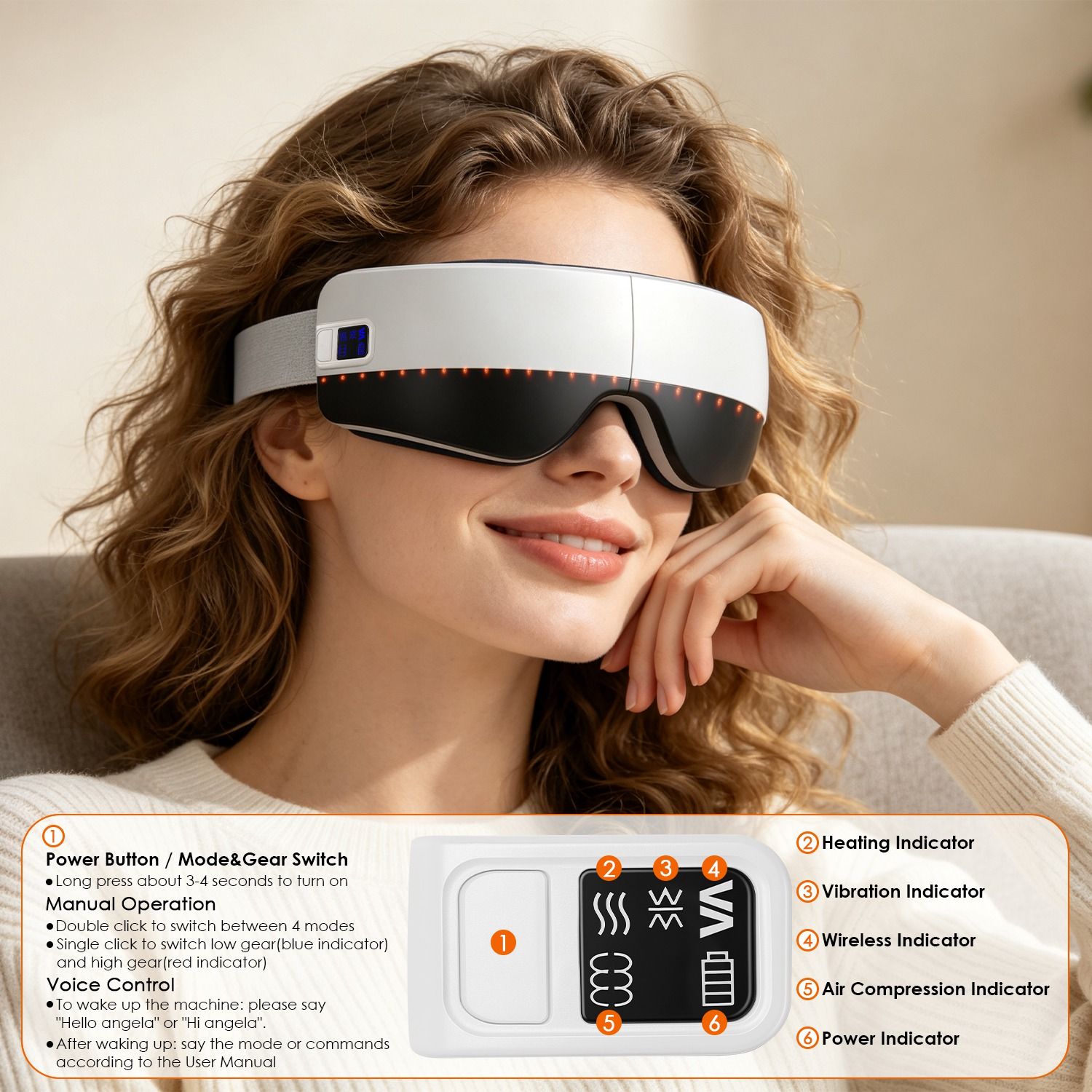 Portable Eye Mask Massager, Voice & Manual Dual Control, Heating, Air Compression & Vibration, Color Ambient Light, Foldable Rechargeable with Storage Bag - Image 2