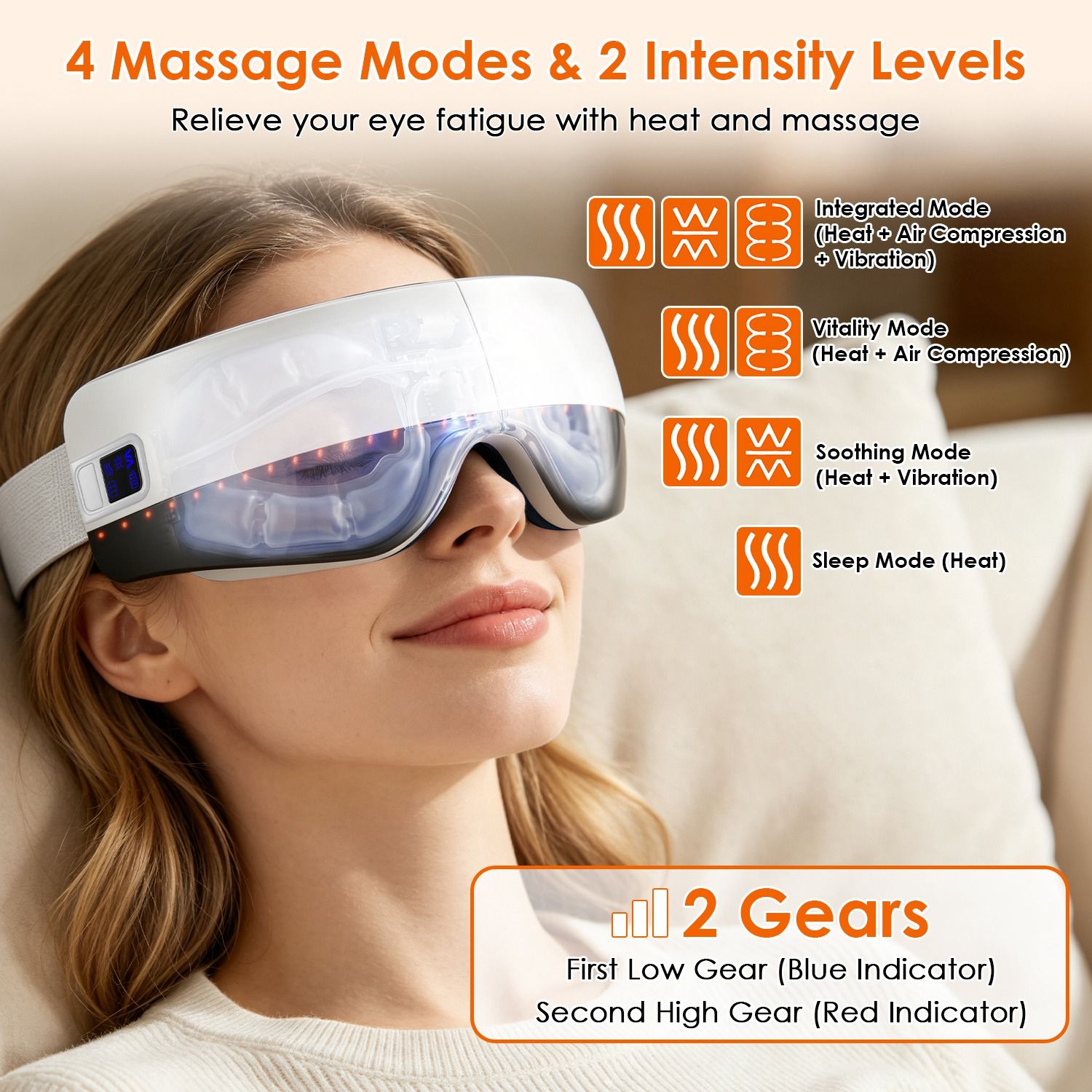 Portable Eye Mask Massager, Voice & Manual Dual Control, Heating, Air Compression & Vibration, Color Ambient Light, Foldable Rechargeable with Storage Bag - Image 4