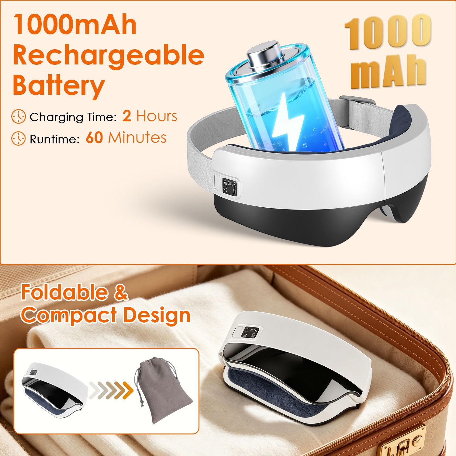 Portable Eye Mask Massager, Voice & Manual Dual Control, Heating, Air Compression & Vibration, Color Ambient Light, Foldable Rechargeable with Storage Bag - Image 7