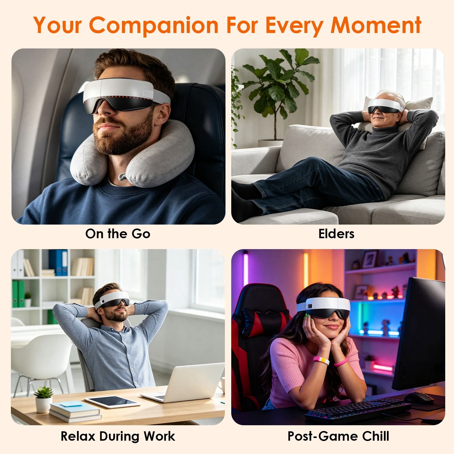 Portable Eye Mask Massager, Voice & Manual Dual Control, Heating, Air Compression & Vibration, Color Ambient Light, Foldable Rechargeable with Storage Bag - Image 10
