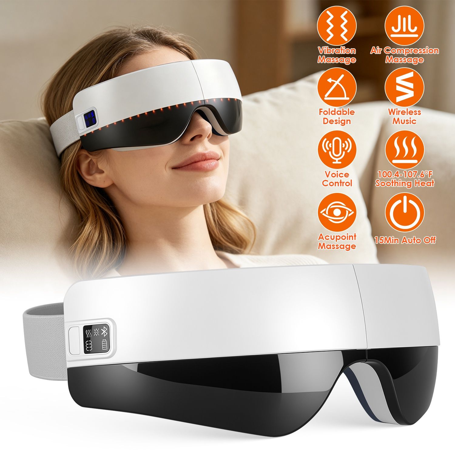 Portable Eye Mask Massager, Voice & Manual Dual Control, Heating, Air Compression & Vibration, Color Ambient Light, Foldable Rechargeable with Storage Bag