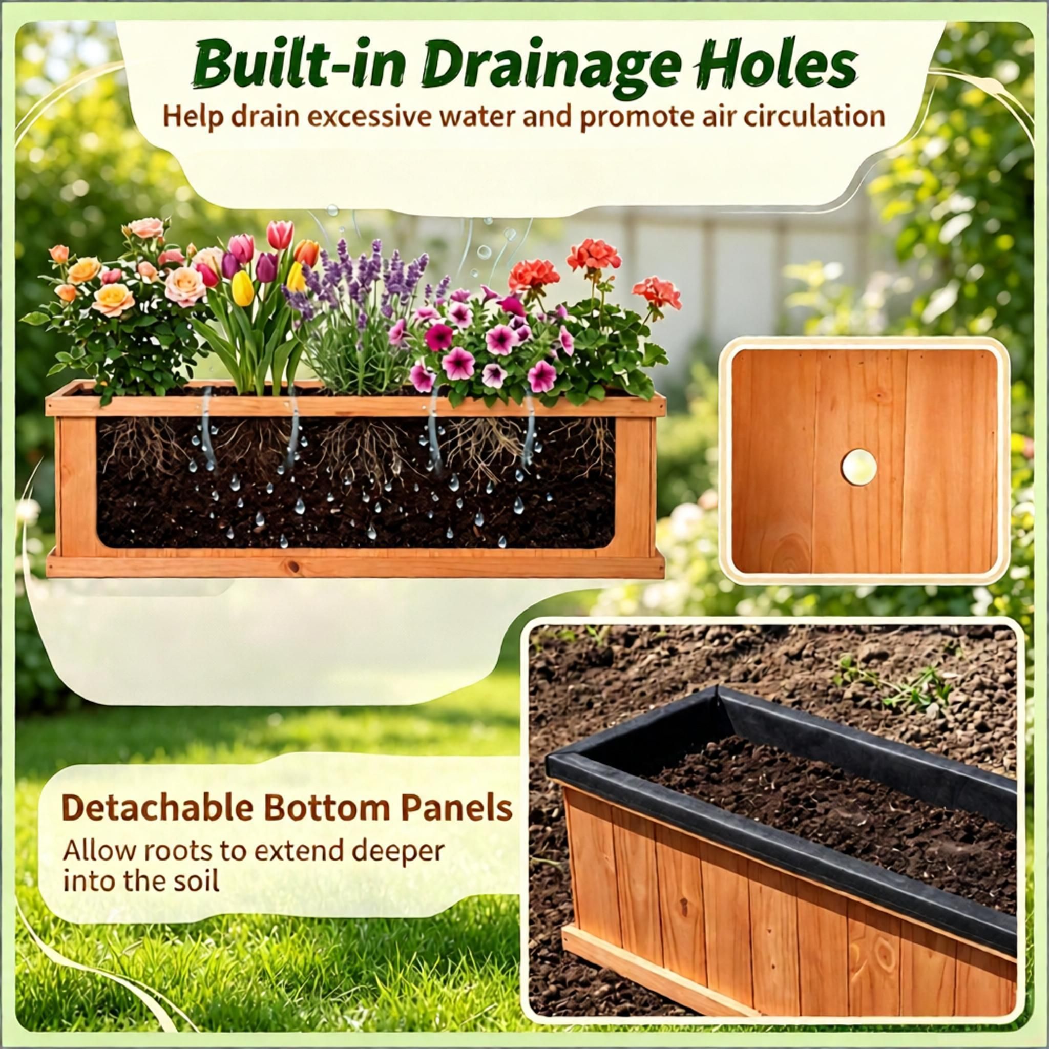 Fir Wood Raised Garden Bed with Drainage Holes And Liner Wooden Planter Box for Gardening - Image 6