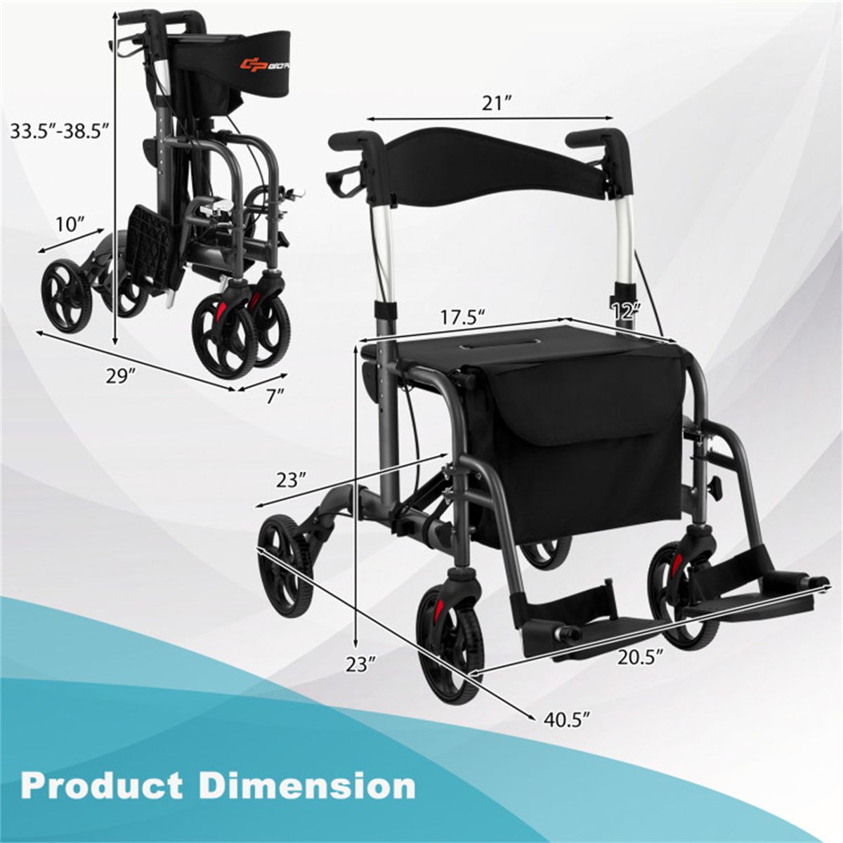 Foldable Rollator Walker with 8" Wheels Handbrake Storage Bag Cane Holder for Seniors & Rehabilitation Black - Image 2