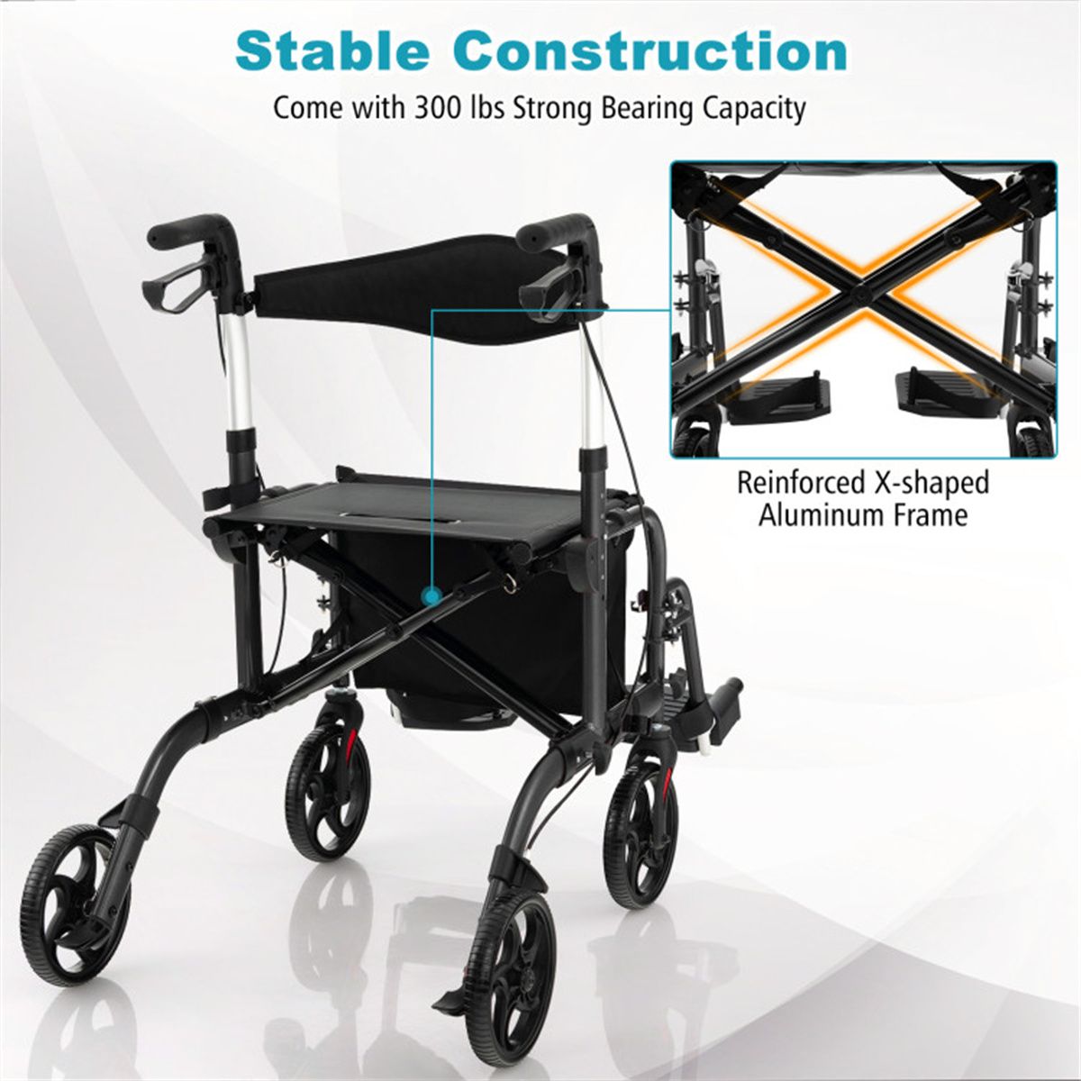 Foldable Rollator Walker with 8" Wheels Handbrake Storage Bag Cane Holder for Seniors & Rehabilitation Black - Image 4